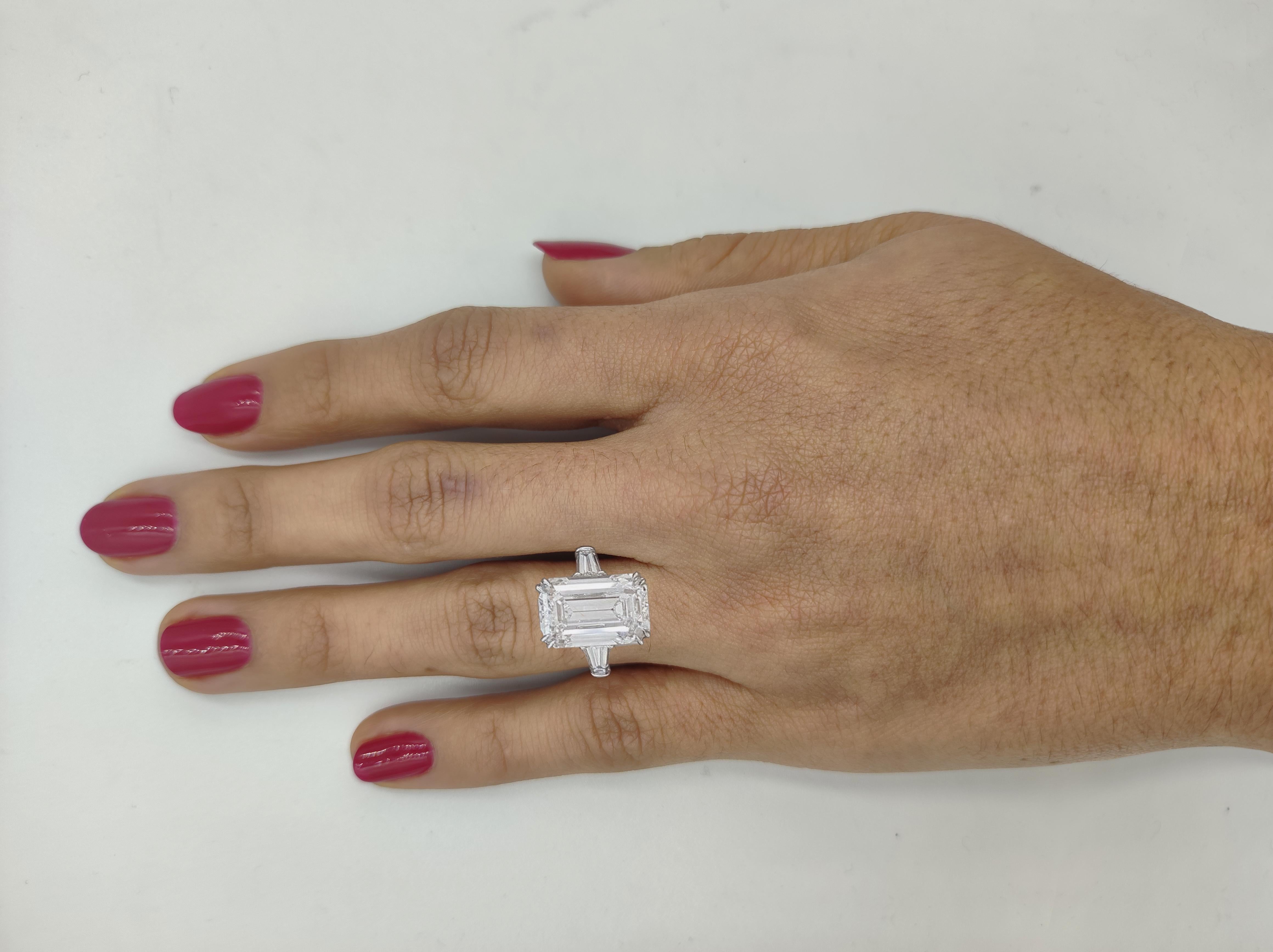GIA Certified 5.02 Carat Emerald Cut Diamond Ring with Tapered Baguette For Sale 1