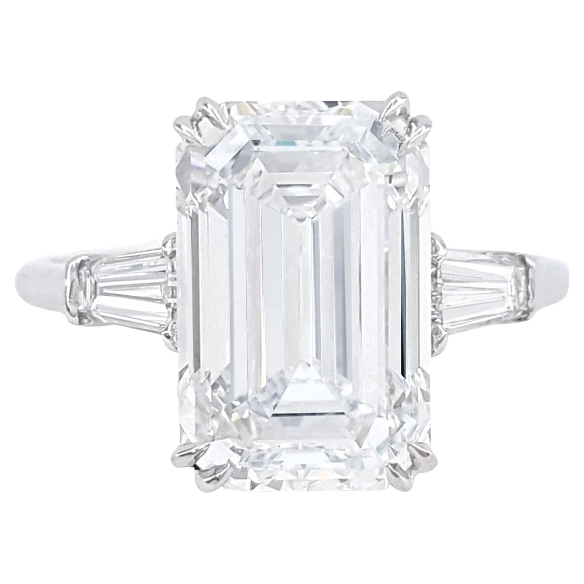 GIA Certified 5.02 Carat Emerald Cut Diamond Ring with Tapered Baguette
