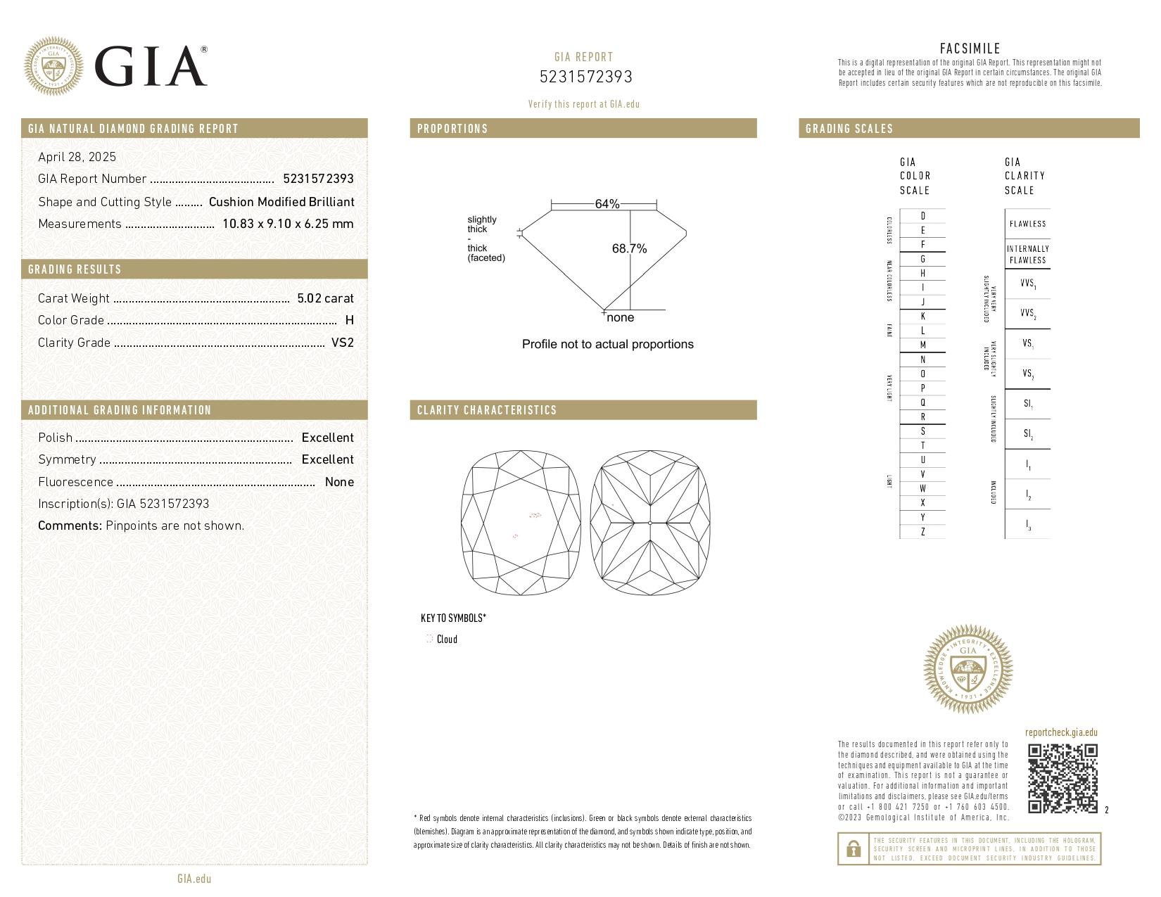 GIA Certified 5.02 Carat Cushion Cut Diamond Platinum Ring with Half Moon Diamon In New Condition For Sale In Chicago, IL