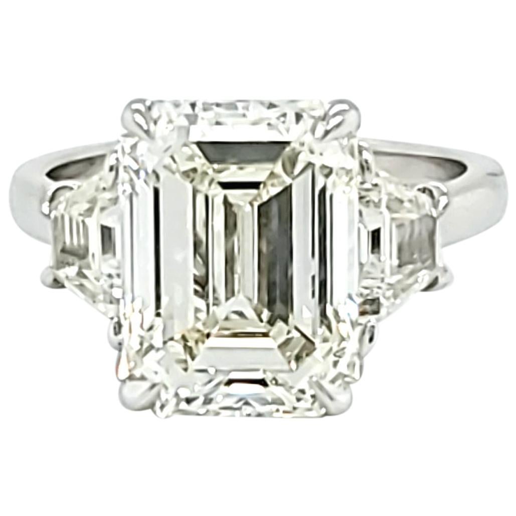 GIA Certified 5.12 Carat Emerald Cut Three-Stone Ring