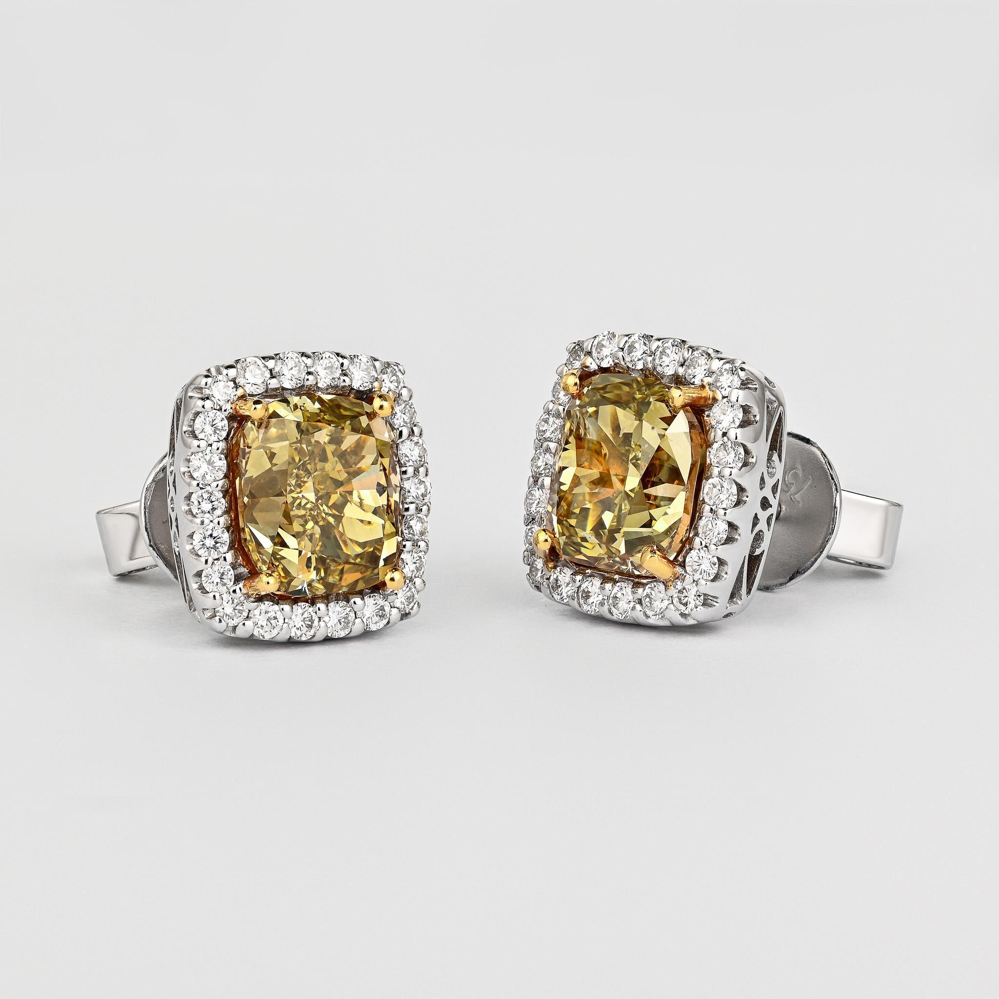 Clous d'oreilles fantaisie en diamant jaune brunâtre vertâtre de 5,12 carats certifié GIA en vente 5