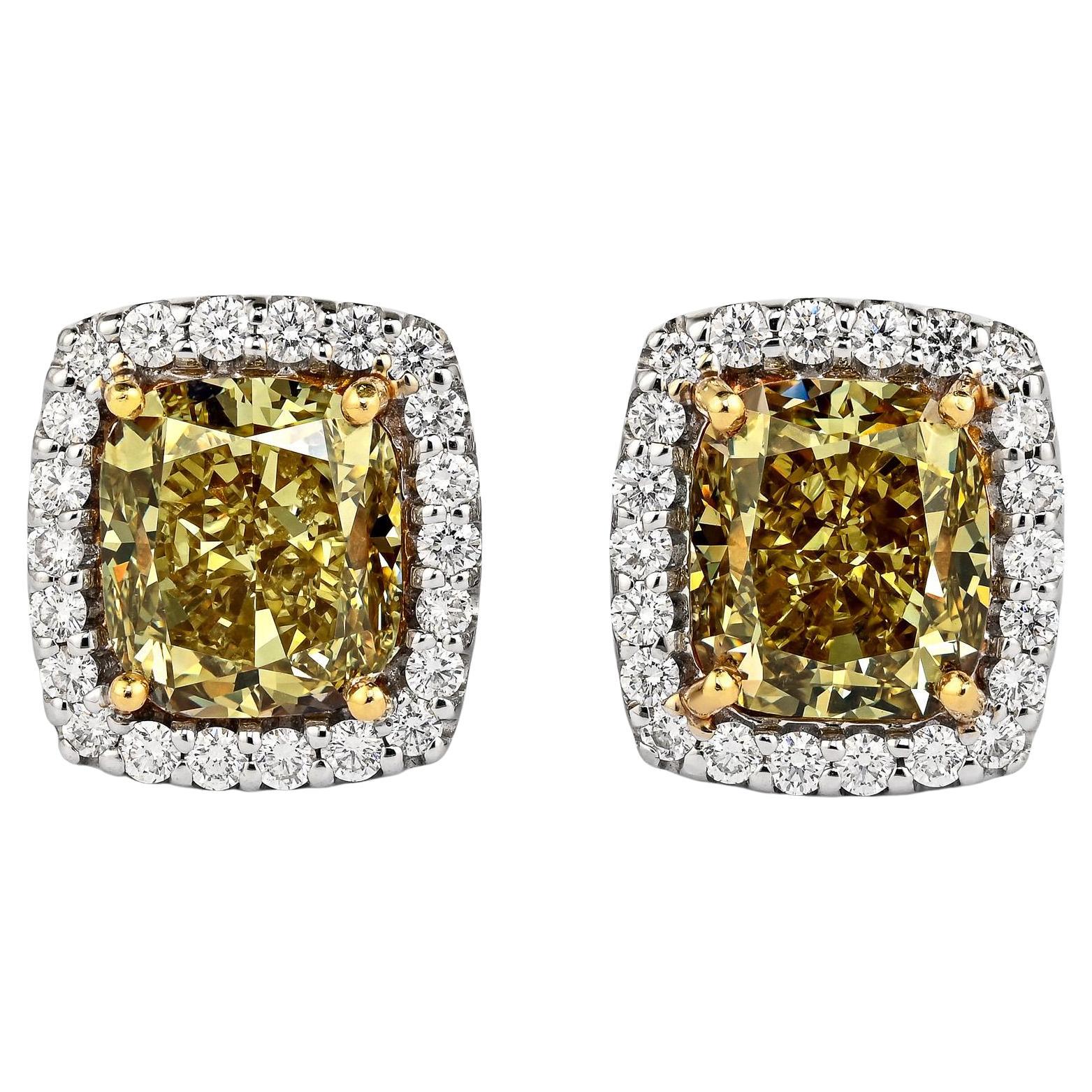 GIA Certified 5.12 Carat Fancy Brownish Greenish Yellow Diamond Stud Earrings