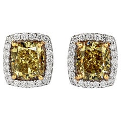 GIA Certified 5.12 Carat Fancy Brownish Greenish Yellow Diamond Stud Earrings