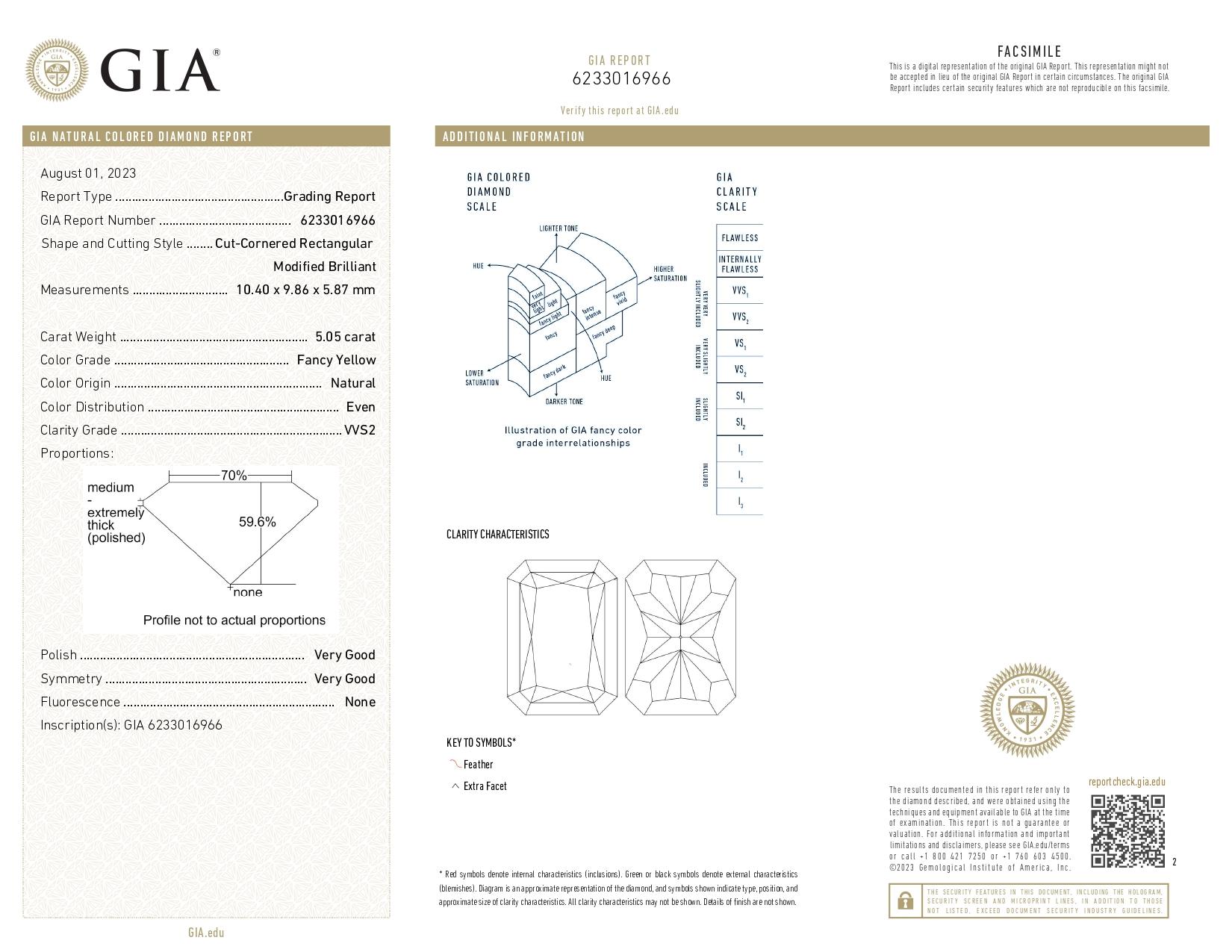 Women's or Men's GIA Certified 5.05 Carat Fancy Yellow Radiant Cut Diamond Ring VVS2 Clarity For Sale