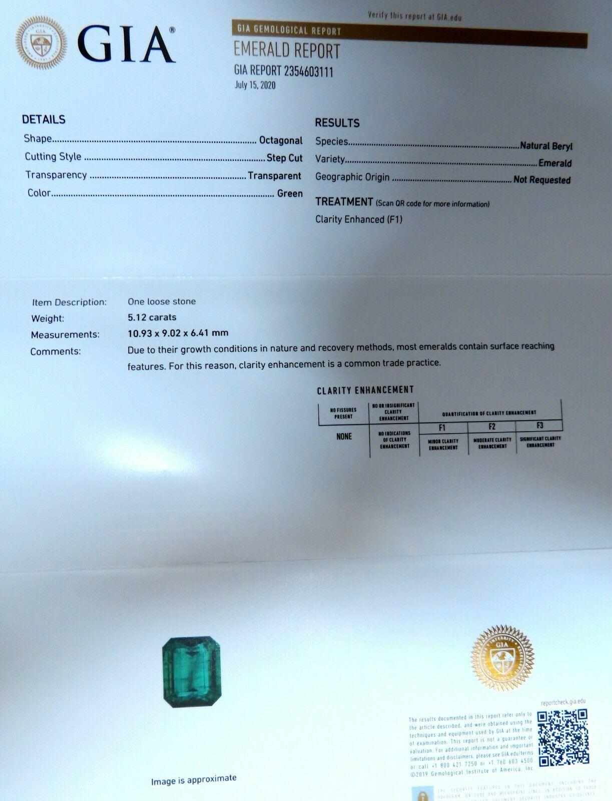 GIA Certified 5.12 Carat Natural Green Emerald Diamonds Ring 14 Karat F1 In New Condition For Sale In New York, NY