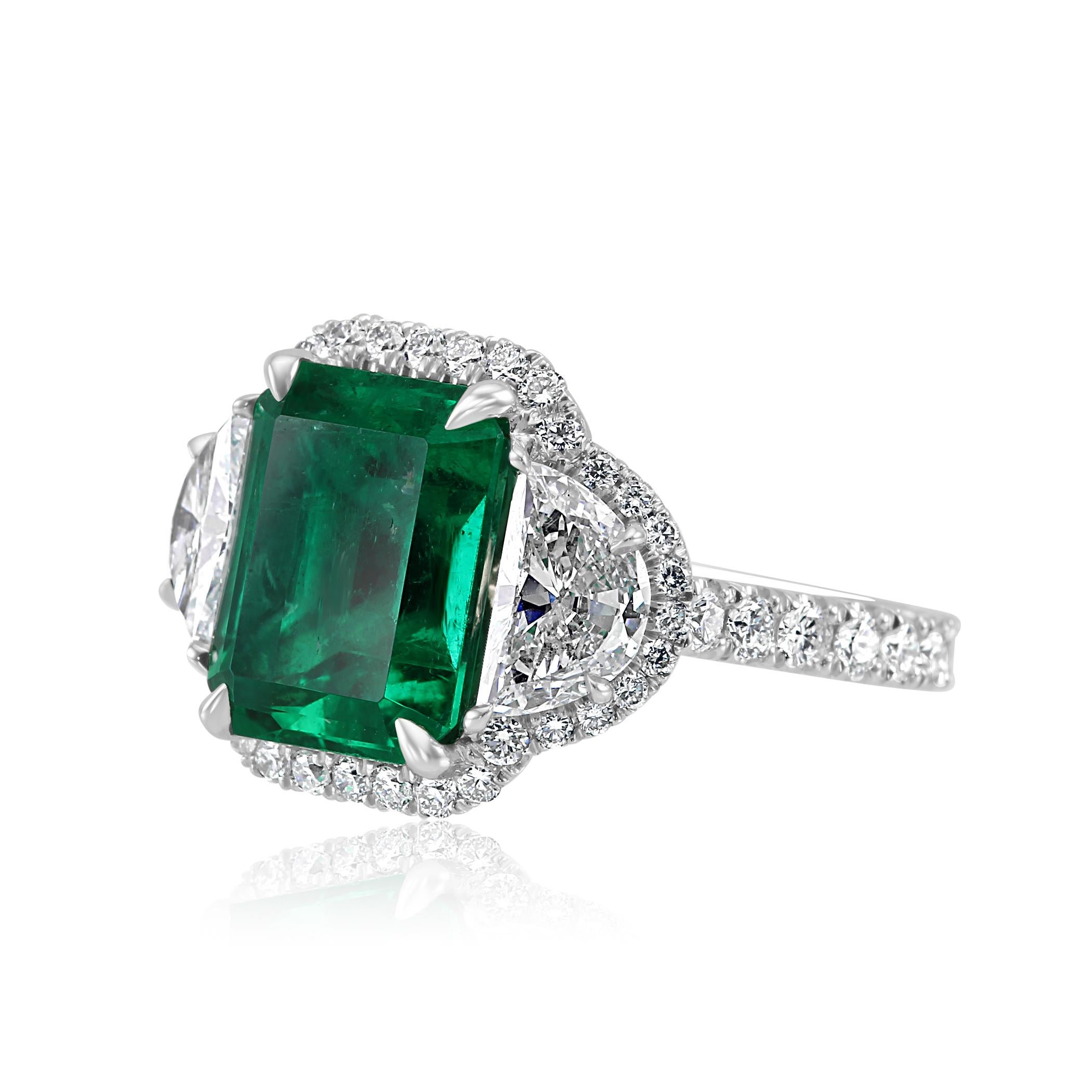 Emerald Cut GIA Certified 5.13 Carat No Enhancement Colombian Emerald Three-Stone Ring