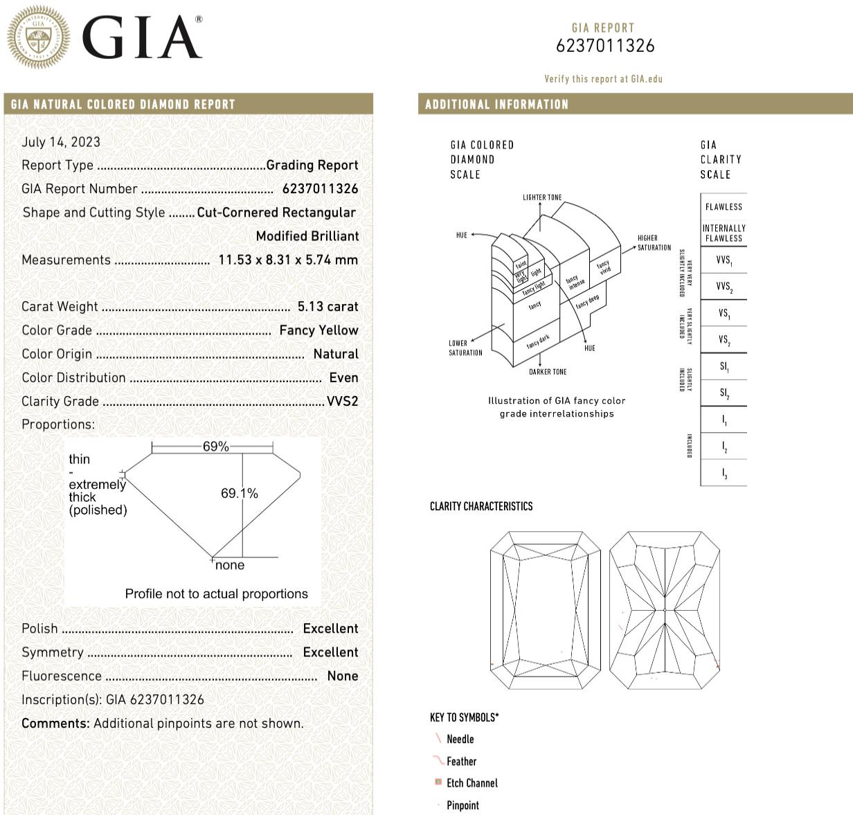 GIA Certified 5.13 Carat Rectangular Radiant Cut Fancy Yellow Three Stone Ring For Sale 1