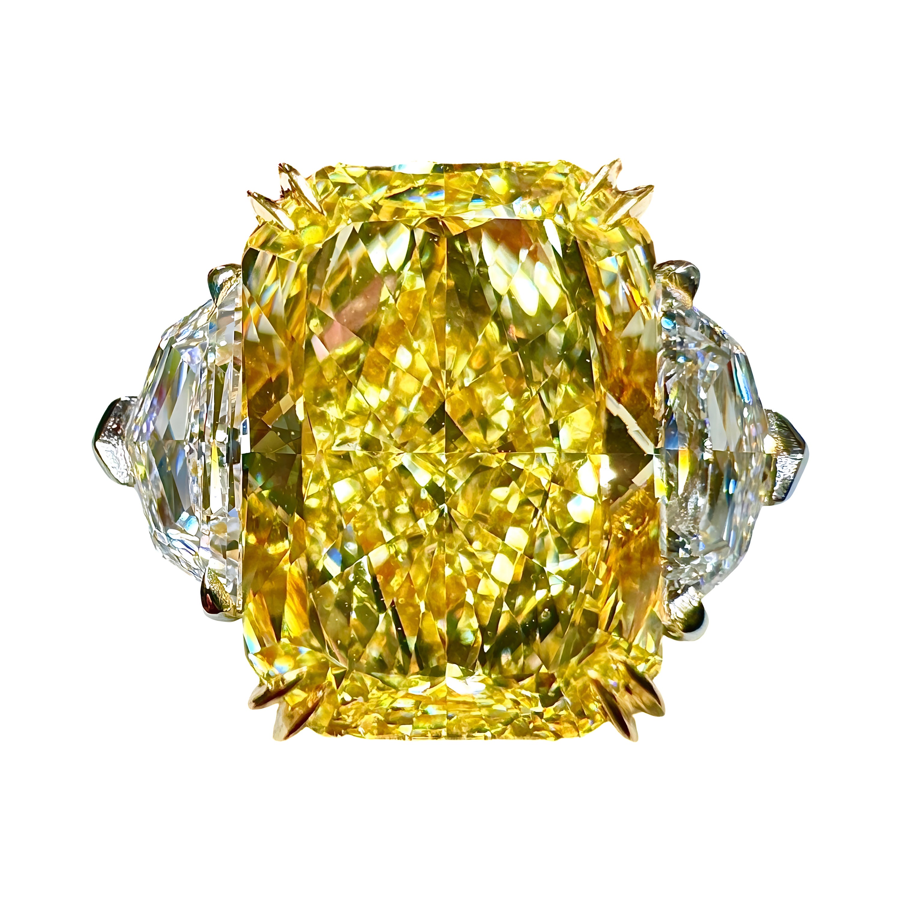 Anillo de tres piedras amarillo fantasía de corte radiante rectangular certificado por GIA de 5,13 quilates en venta