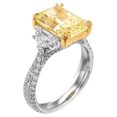 GIA Certified 5.01ct Natural Fancy Yellow Radiant Cut 3 stone ring