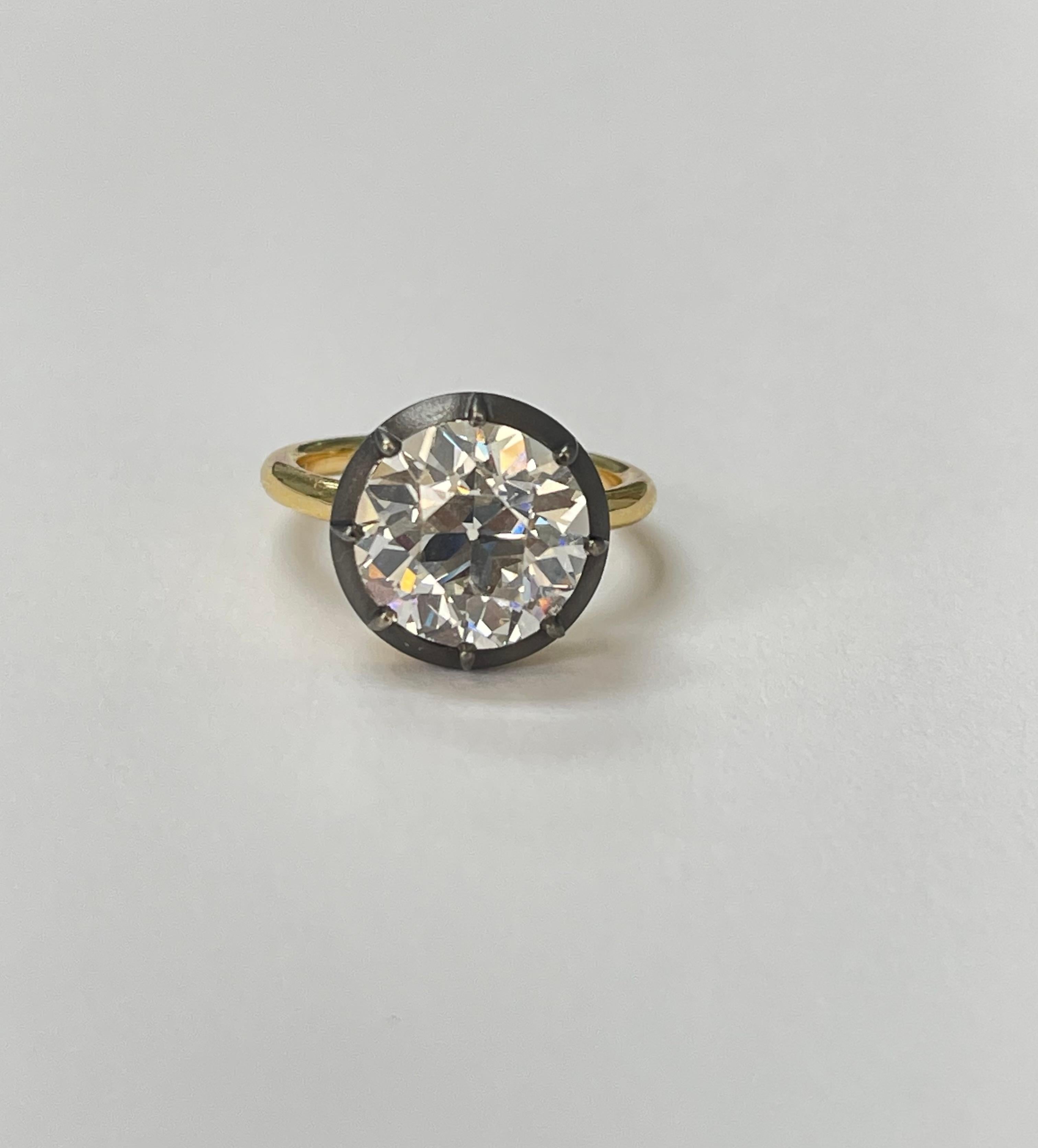 GIA Certified 5.14 Carat Old European Brilliant Diamond Ring In 18K Yellow Gold  In New Condition For Sale In New York, NY