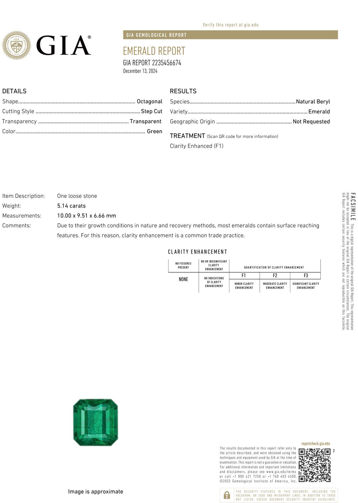 Emerald Cut GIA Certified 5.14 Carat Vivid Emerald Minor Oil Diamond Platinum Ring For Sale