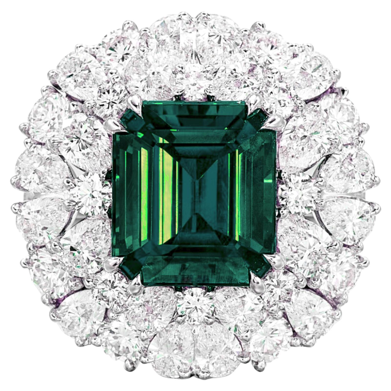 GIA Certified 5.14 Carat Vivid Emerald Minor Oil Diamond Platinum Ring
