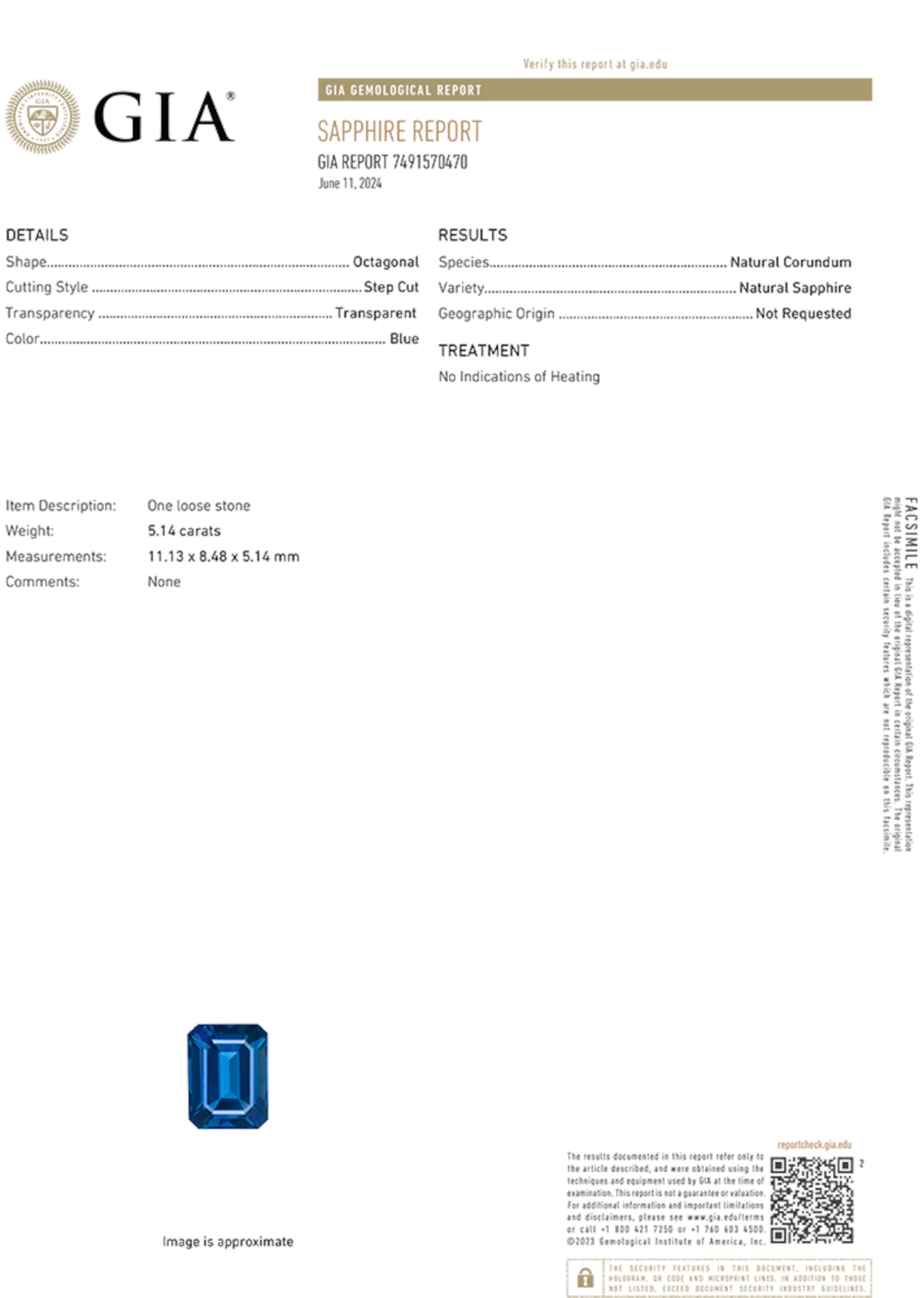 Zafiro azul certificado por GIA 5.14 talla esmeralda sin tratar 100% eye clean Contemporáneo en venta
