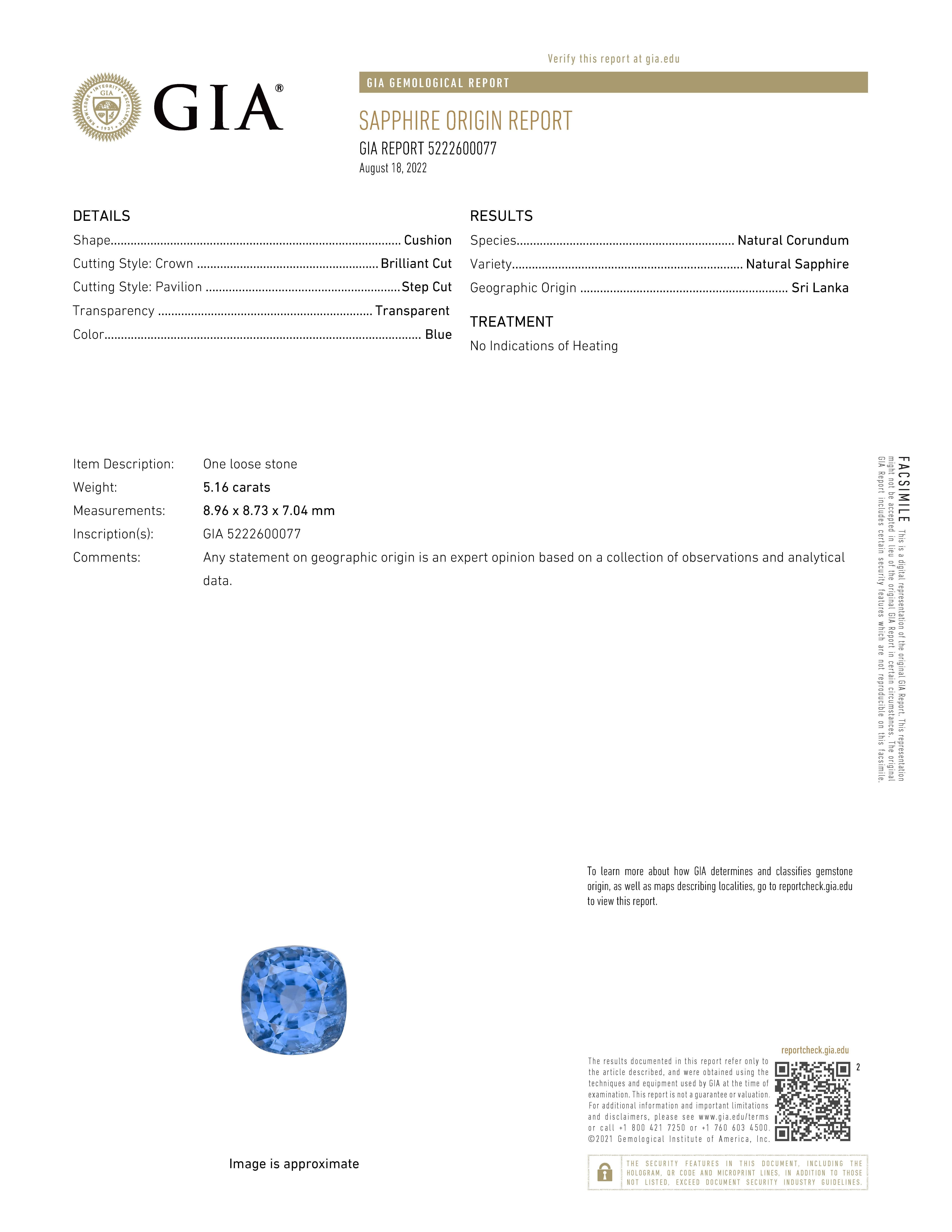 Cushion Cut GIA Certified 5.16 Carat Ceylon Blue Sapphire Ring with Diamonds in 18k Gold For Sale