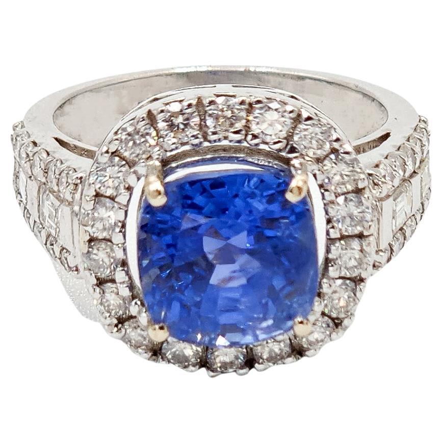 GIA Certified 5.16 Carat Ceylon Blue Sapphire Ring with Diamonds in 18k Gold For Sale