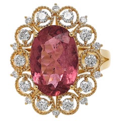 Anillo de oro amarillo con turmalina rosa y diamante blanco de 5,16 quilates certificado por el GIA