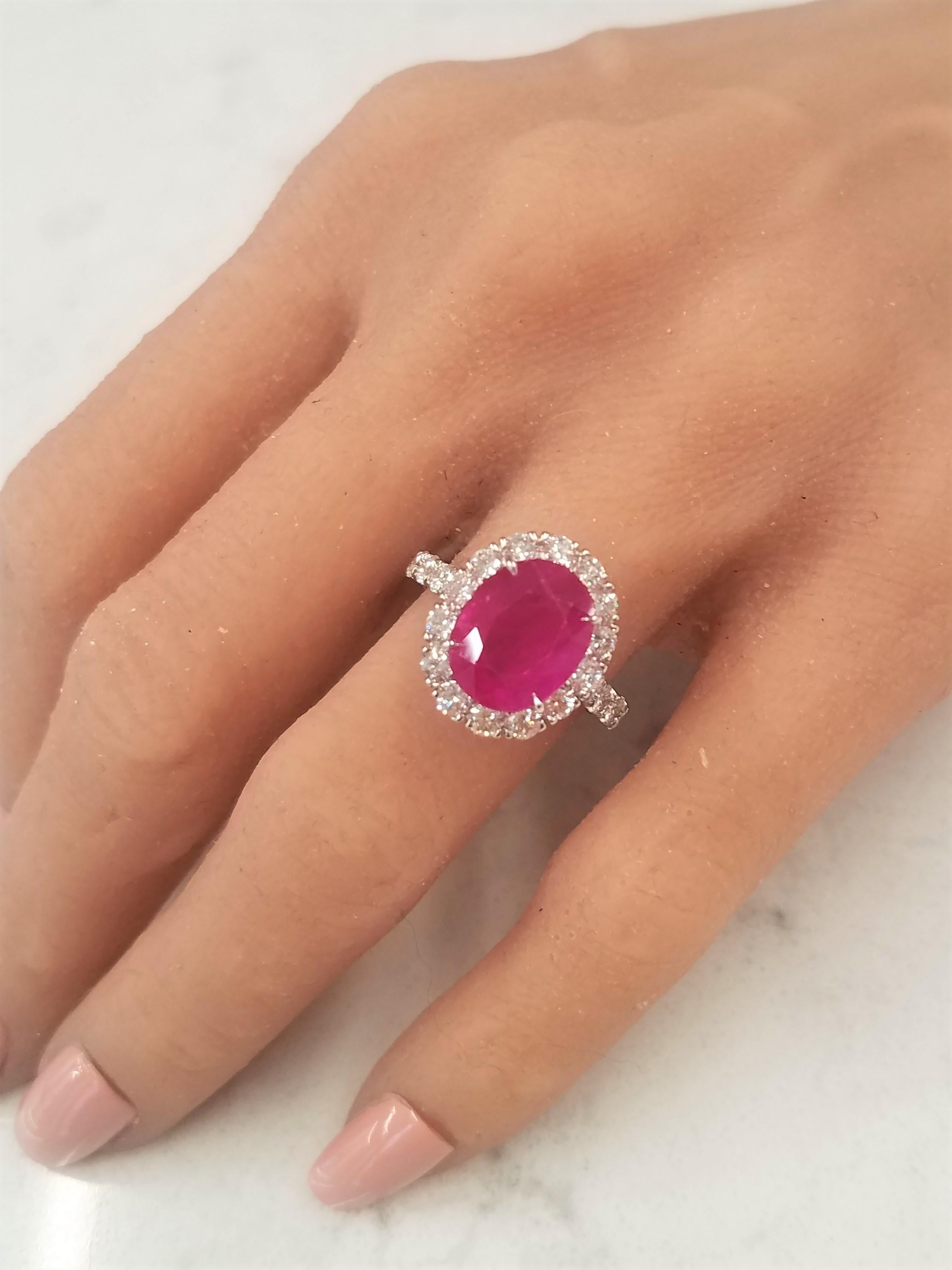 The richly saturated red makes this ruby ring quite desirable. The oval cut, GIA certified ruby is 5.17 carat. This gem is from Burma. Burmese rubies are the most sought after, collectors specifically look out for them. The color is deep red, its