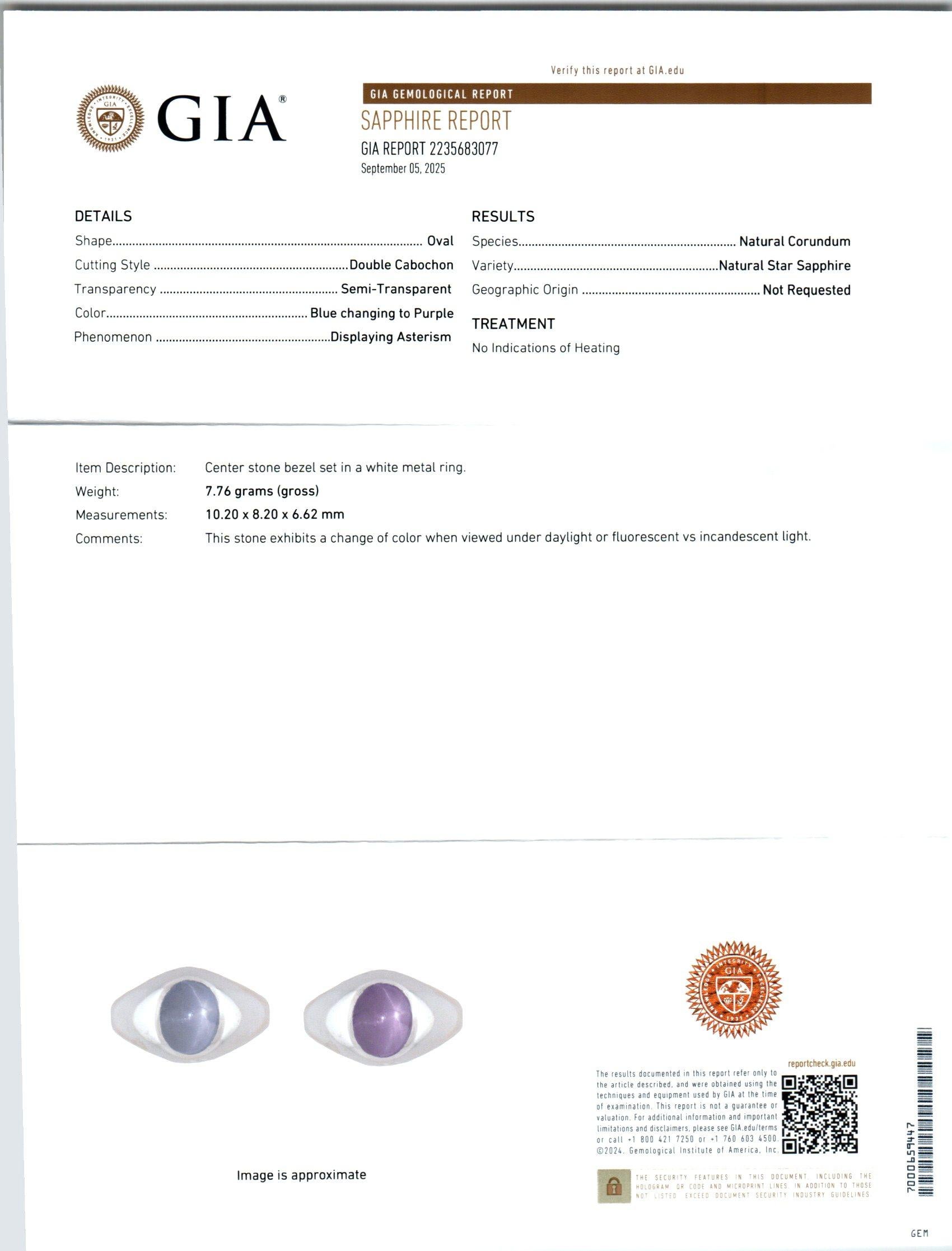 Anello a cupola da uomo in oro bianco con zaffiro a stella certificato GIA da 5,20 carati In condizioni buone in vendita a Stamford, CT