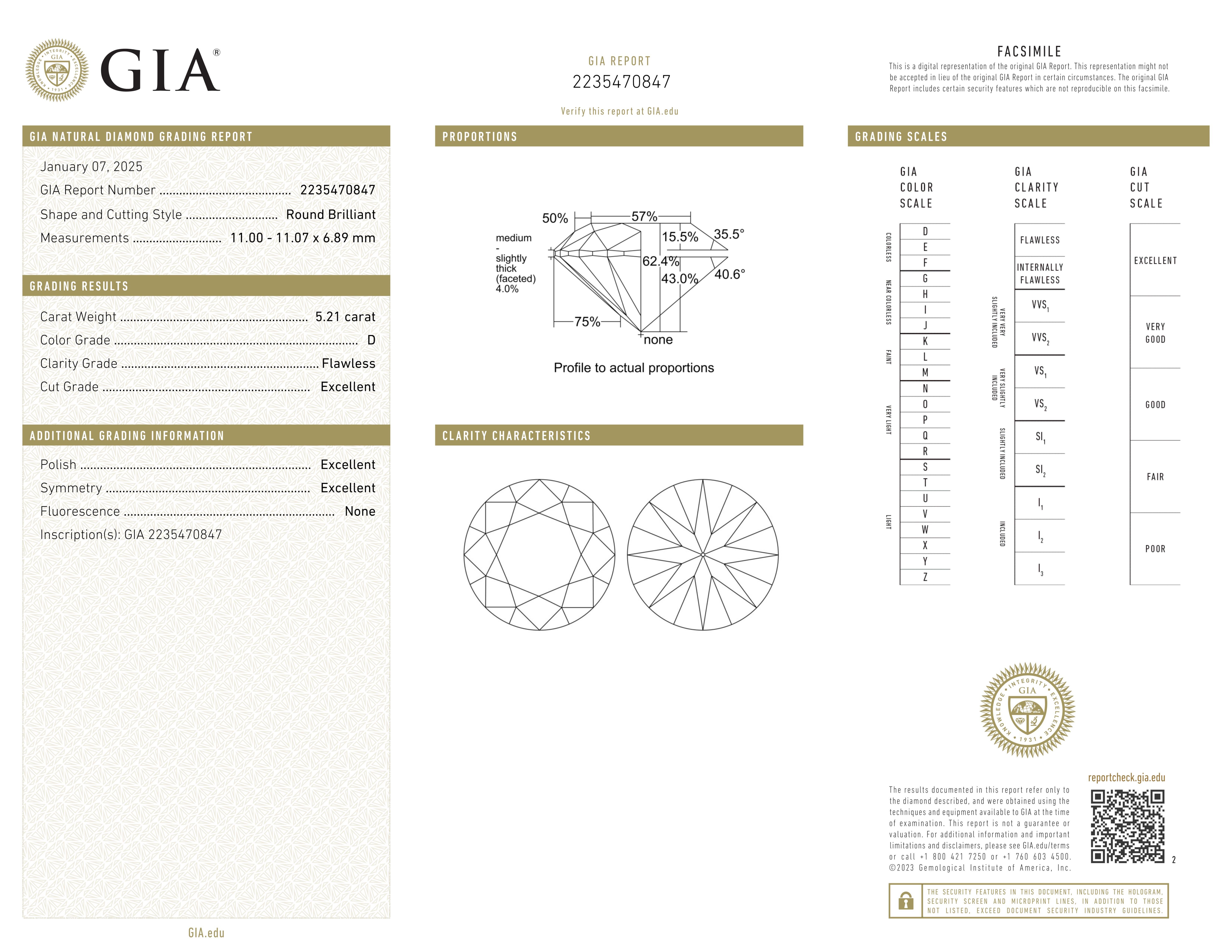 GIA Certified 5.21 Carat Round Shape Diamond Platinum Ring FLAWLESS Type IIA In New Condition For Sale In Chicago, IL