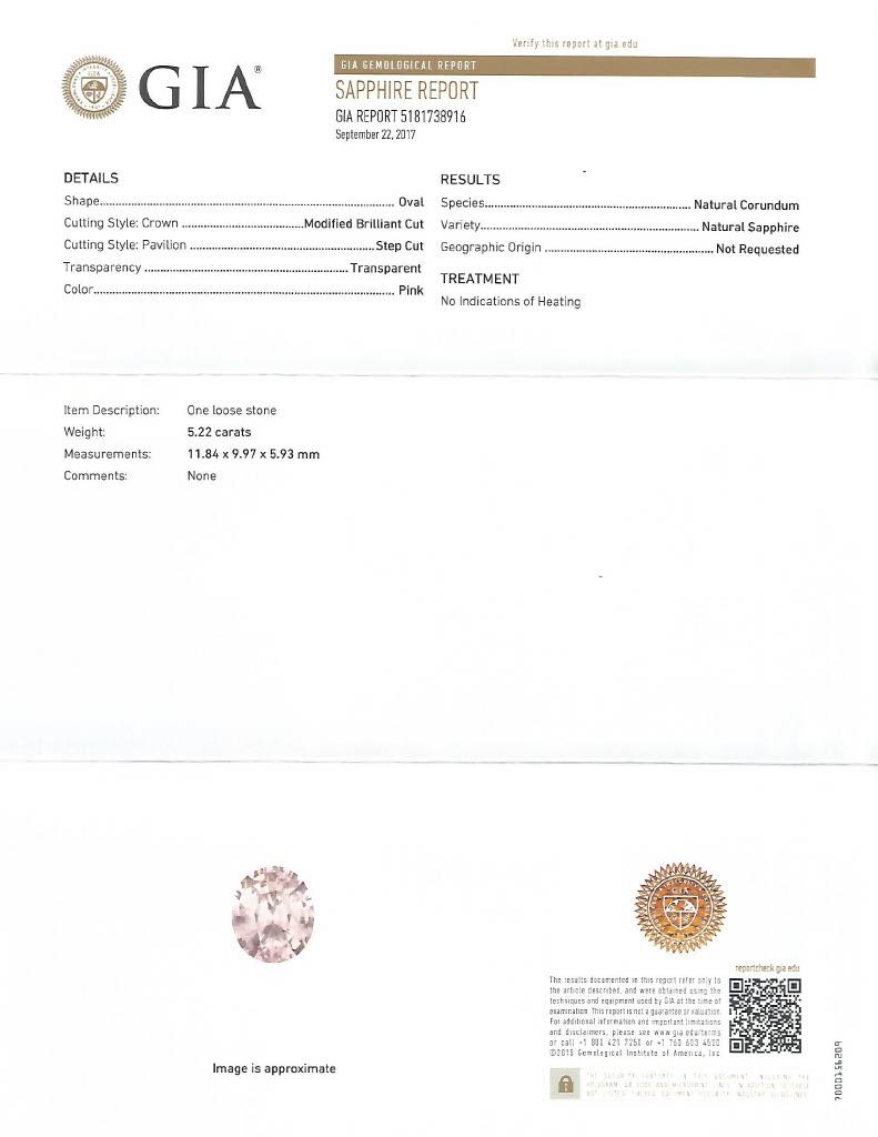 Certifié GIA, 5.22 ct. Bague de fiançailles saphir ovale rose naturel et diamant  en vente 1
