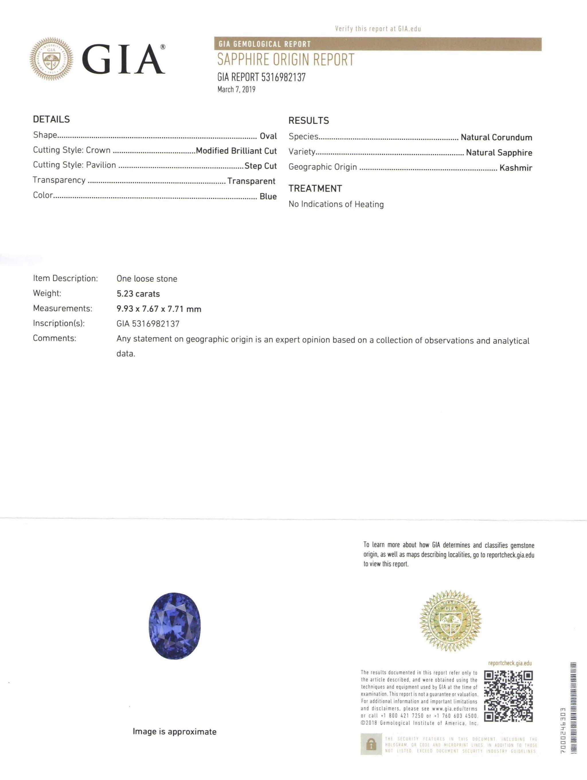 Modern GIA Certified 5.23 Carat  KASHMIR Blue Sapphire NO HEAT Diamond Ring For Sale