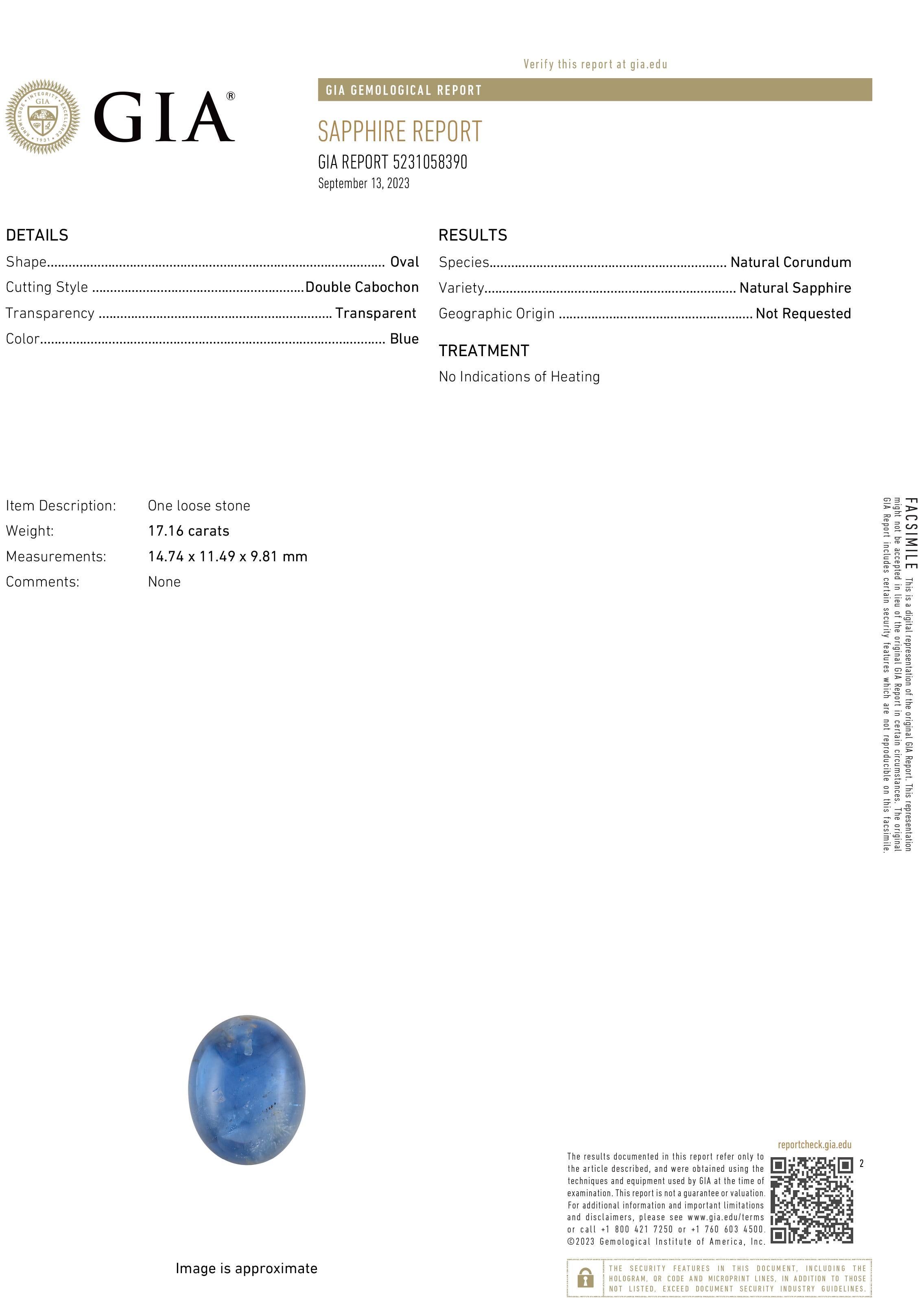 Introducing a Magnificent GIA Certified No Heat Ceylon Cabochon Sapphire
Dazzle and amaze with this exquisite GIA Certified #5231058390 No Heat Ceylon Cabochon Sapphire, a true gem of exceptional beauty and rarity. Weighing an impressive 17.16