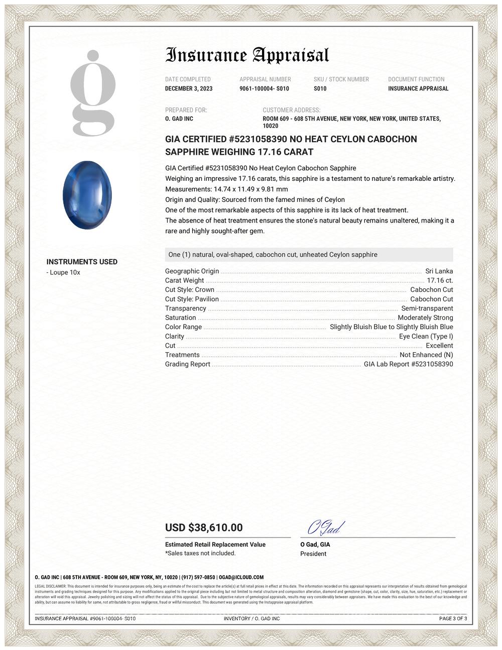 Contemporary GIA Certified #5231058390 No Heat Ceylon Cabochon Sapphire Weighing 17.16 carat For Sale