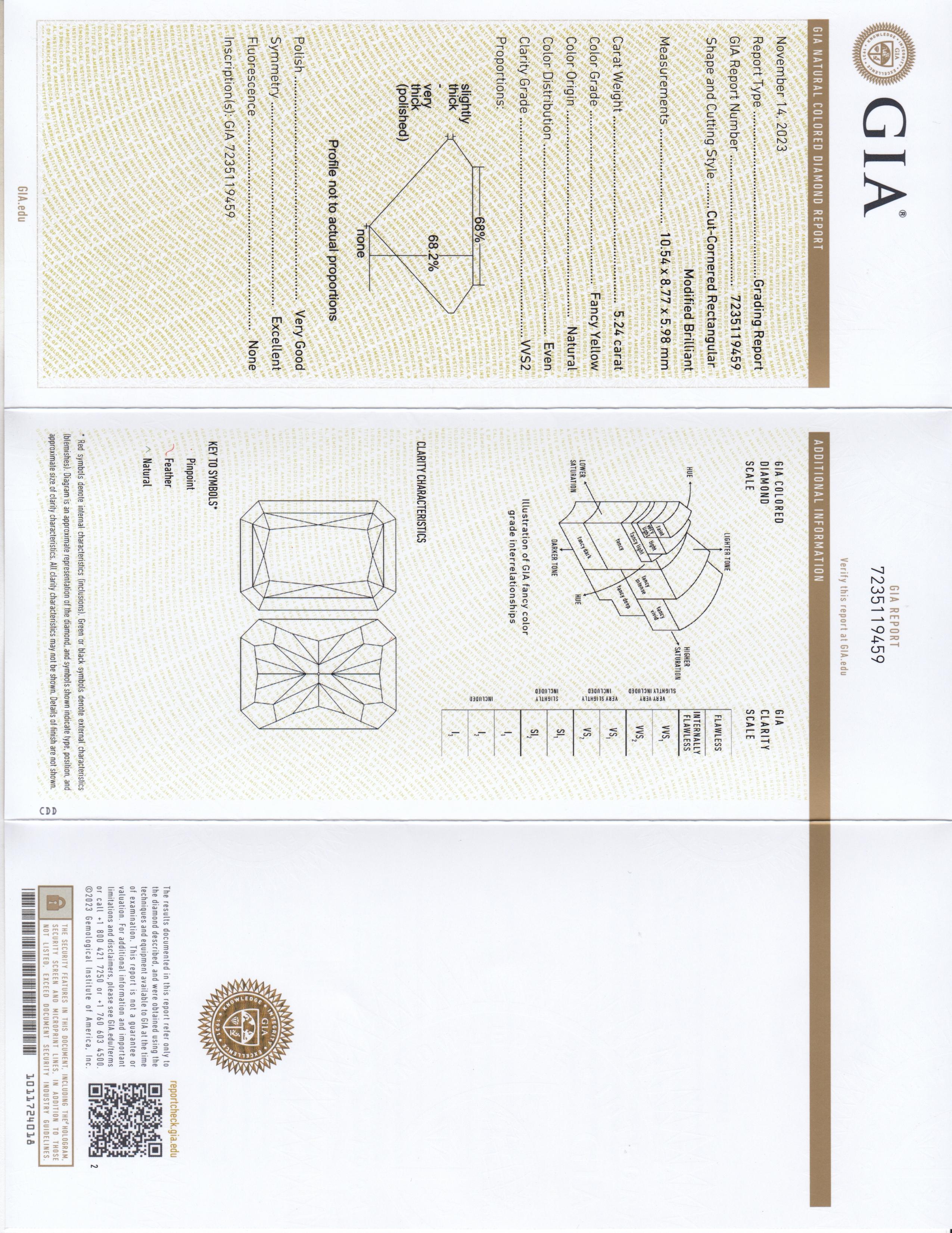 Certificado GIA 5.24 Ct. Anillo de diamantes talla radiante amarillo fantasía en oro de 18 quilates y PT. 2