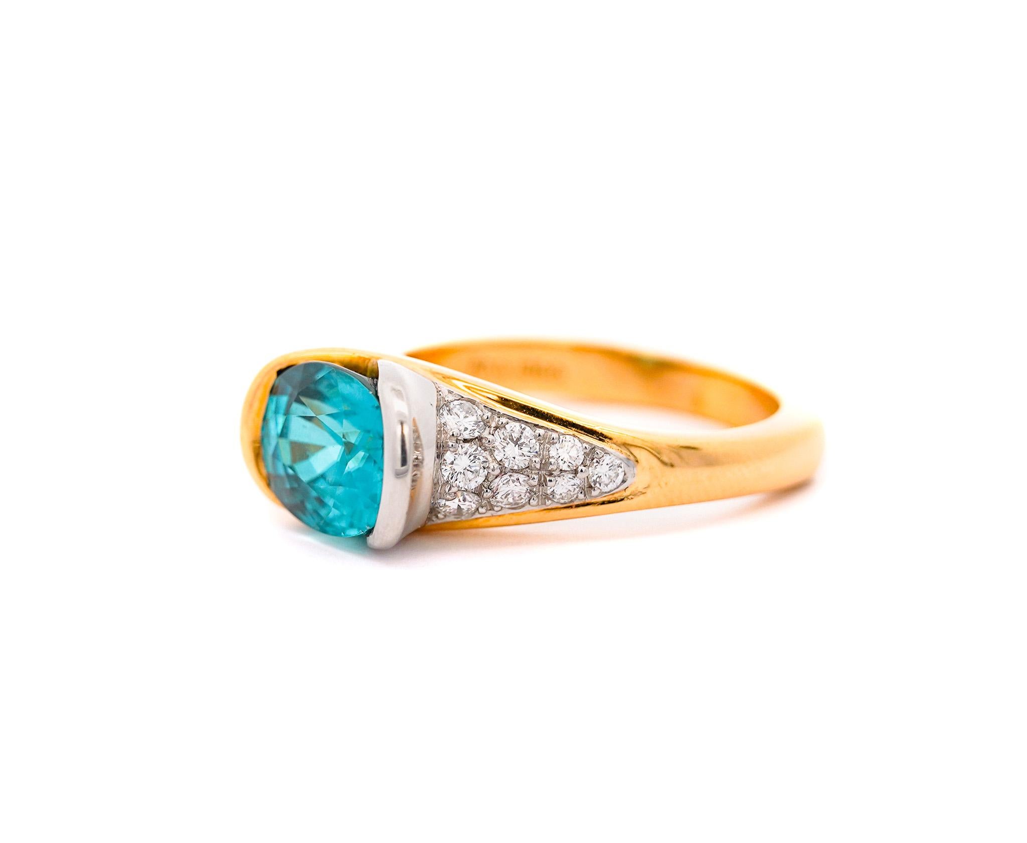 Art Deco GIA Certified 5.25 Carat Blue Zircon & Diamond 18K Gold Two Tone Bypass Ring  For Sale
