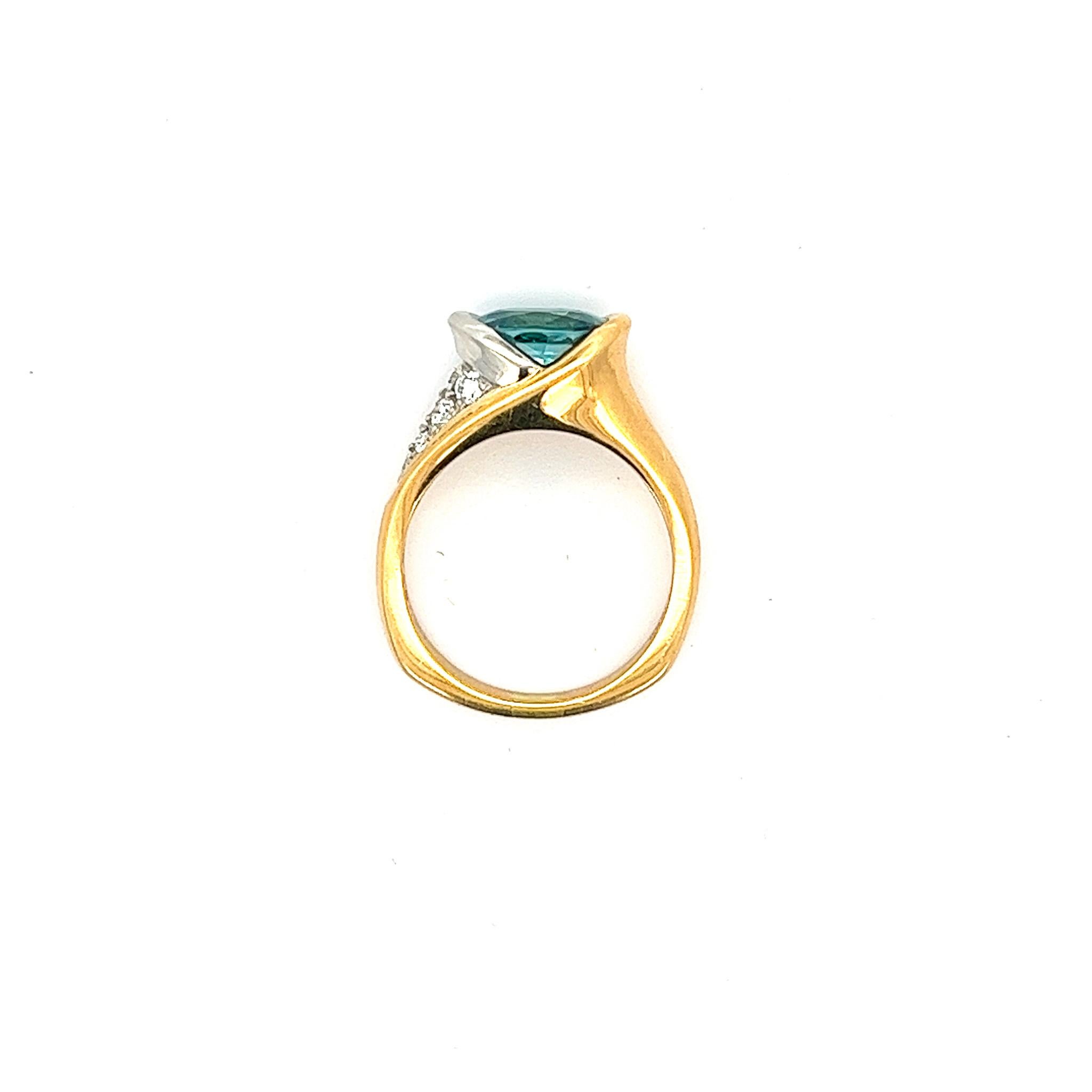 GIA Certified 5.25 Carat Blue Zircon & Diamond 18K Gold Two Tone Bypass Ring  For Sale 2