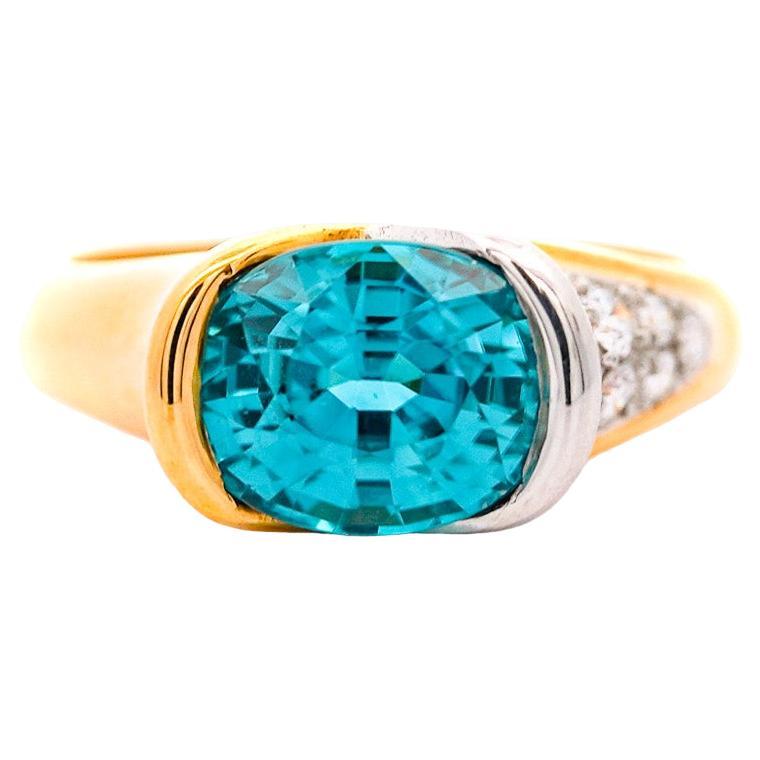 GIA Certified 5.25 Carat Blue Zircon & Diamond 18K Gold Two Tone Bypass Ring  For Sale