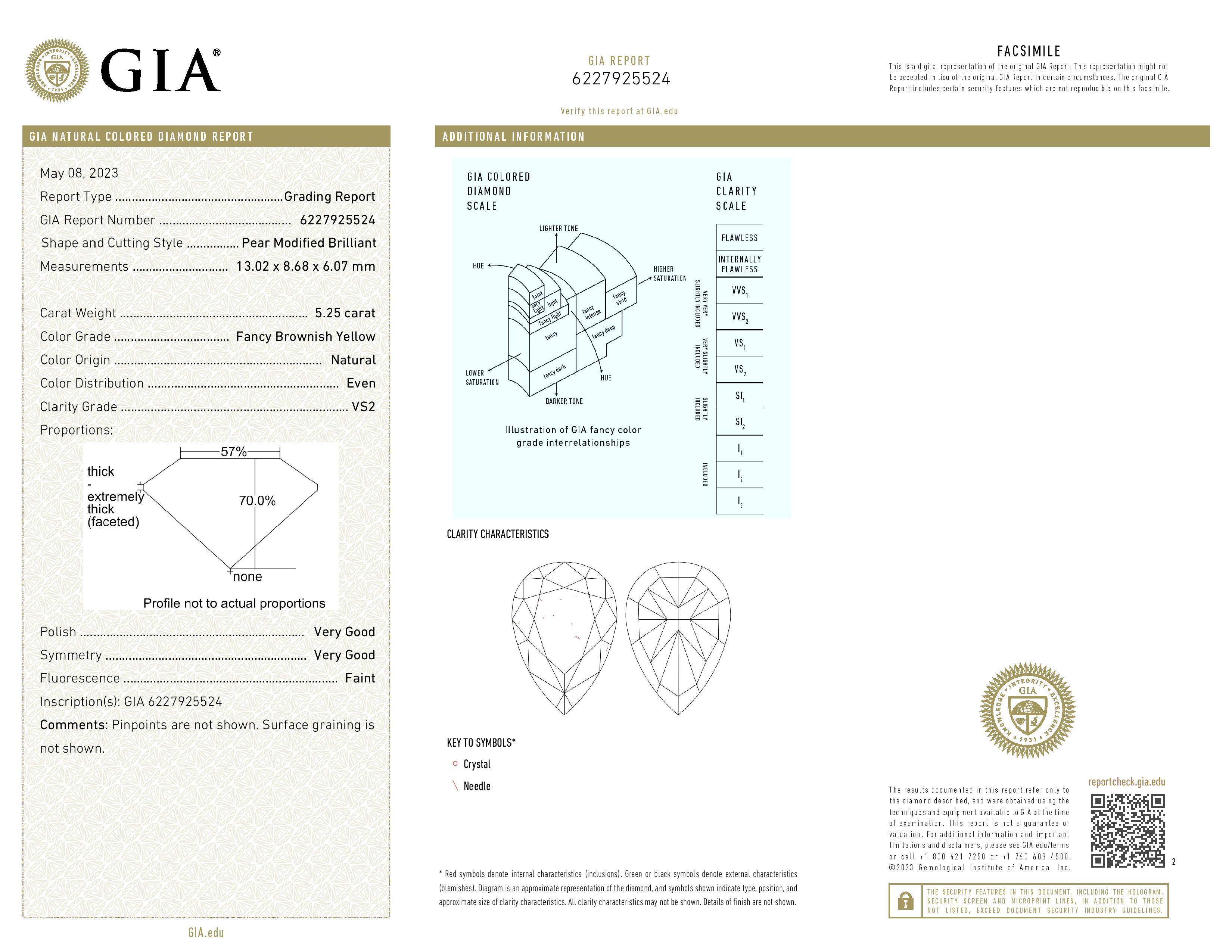 An exceptional 5.25 carat VS2 Clarity fancy pear cut brownish yellow diamond certified by GIA. We can custom design as per your request, additional fees may apply depending on design.

Shape PEAR 
Carat 5.25 
Color FANCY BROWNISH YELLOW 
Clarity