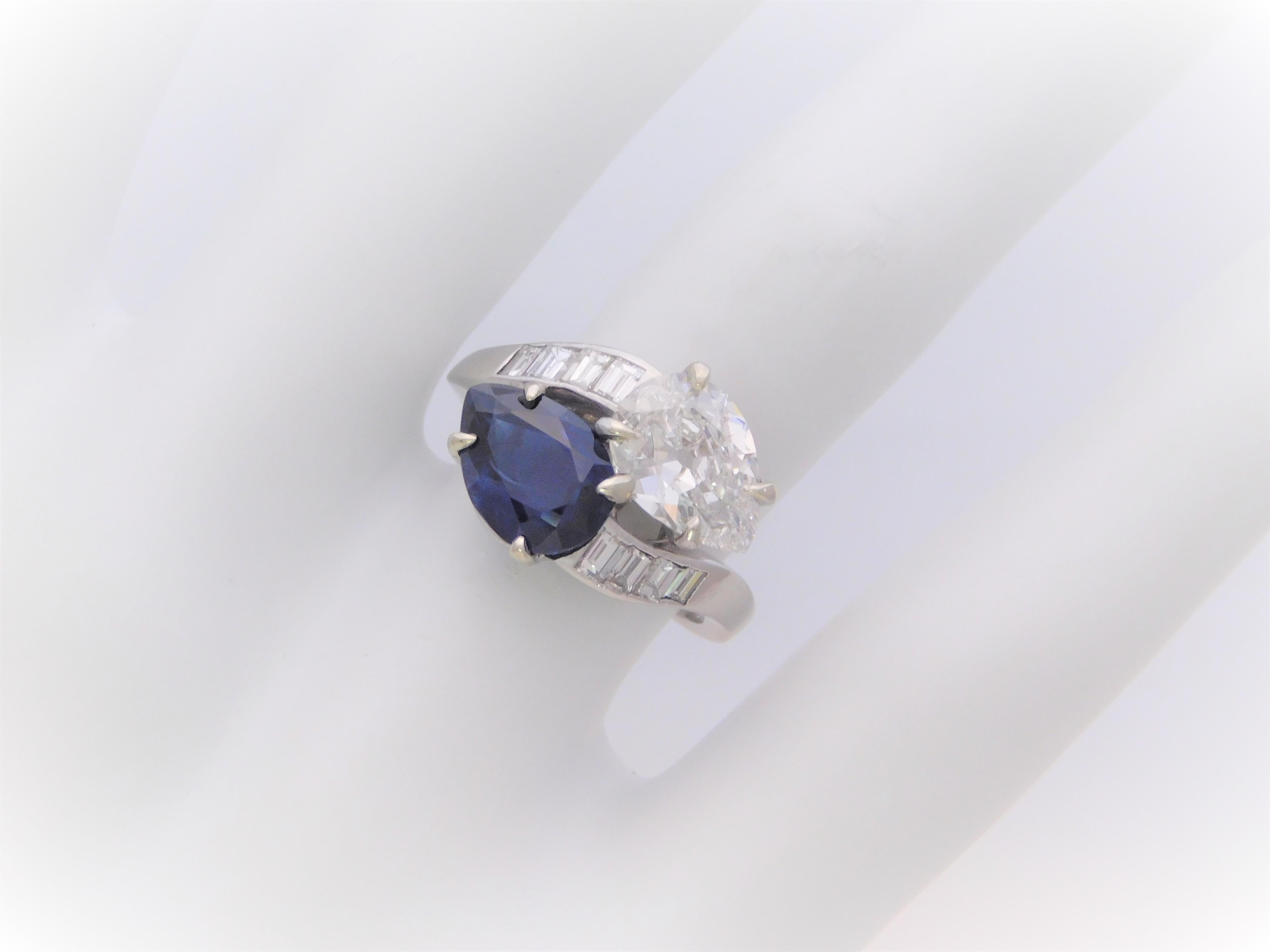 GIA Certified 5.28 Carat Corundum Sapphire and Antique Pear Diamond Bypass Ring For Sale 3