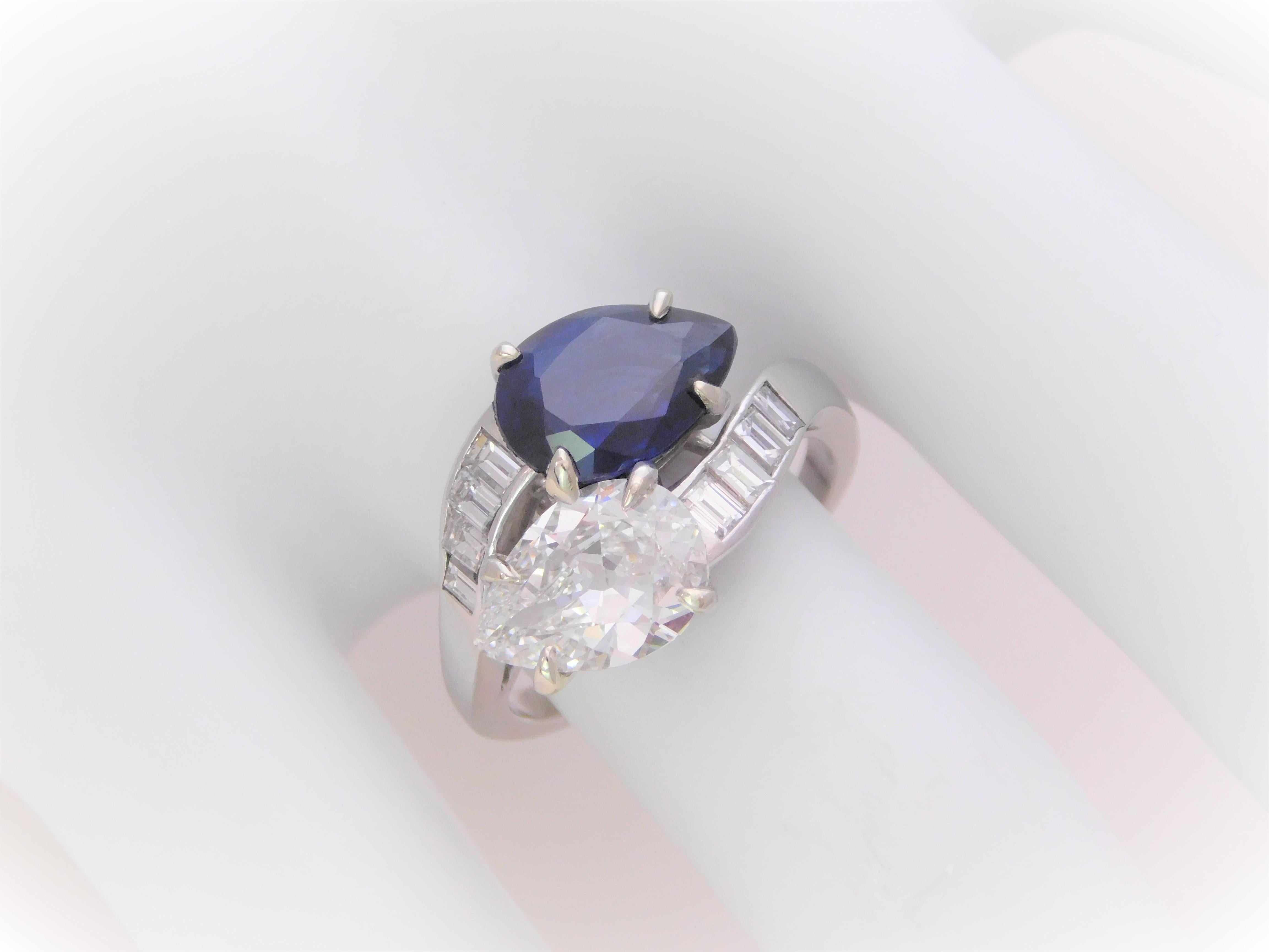 GIA Certified 5.28 Carat Corundum Sapphire and Antique Pear Diamond Bypass Ring For Sale 4