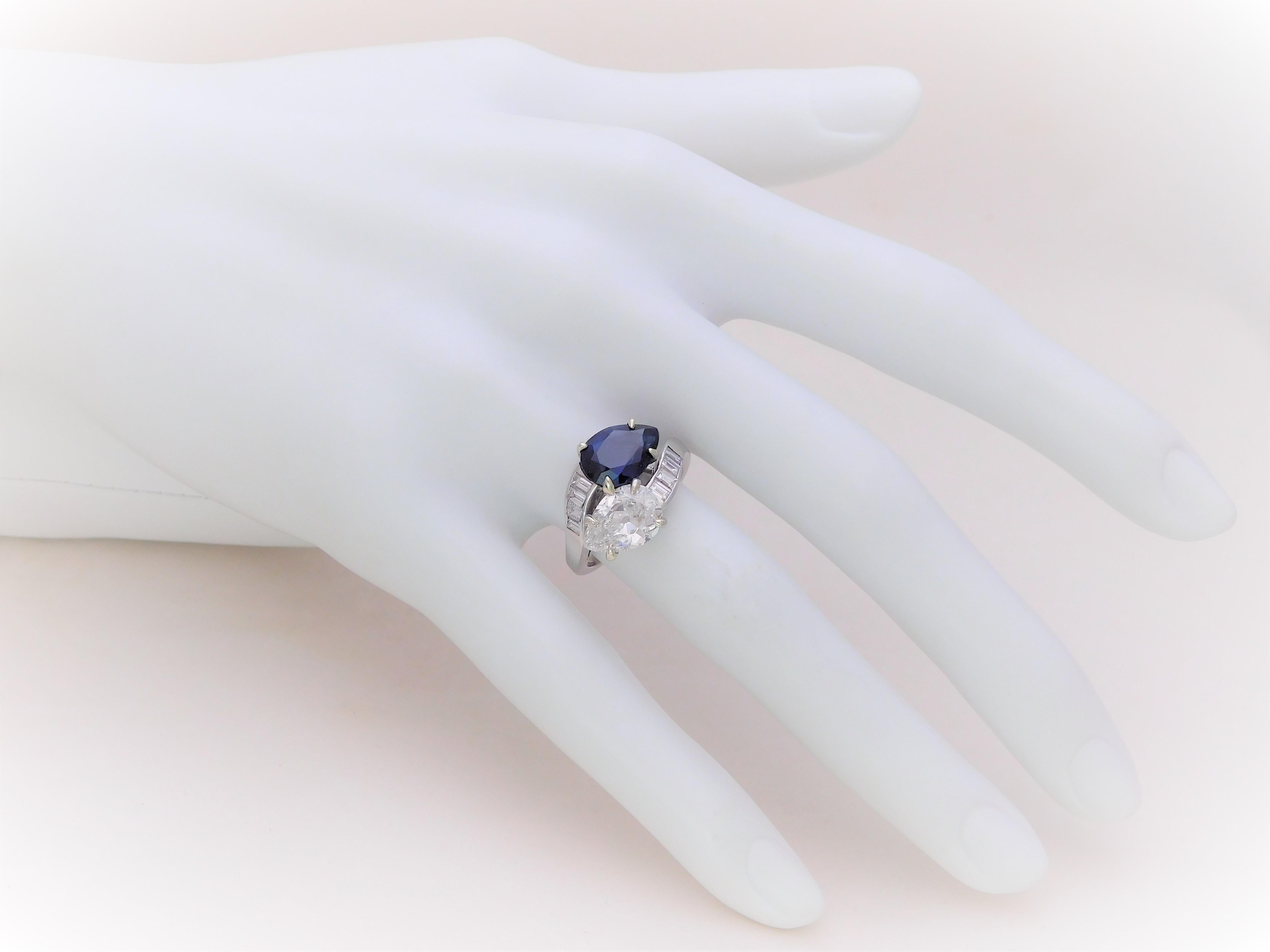 GIA Certified 5.28 Carat Corundum Sapphire and Antique Pear Diamond Bypass Ring For Sale 5