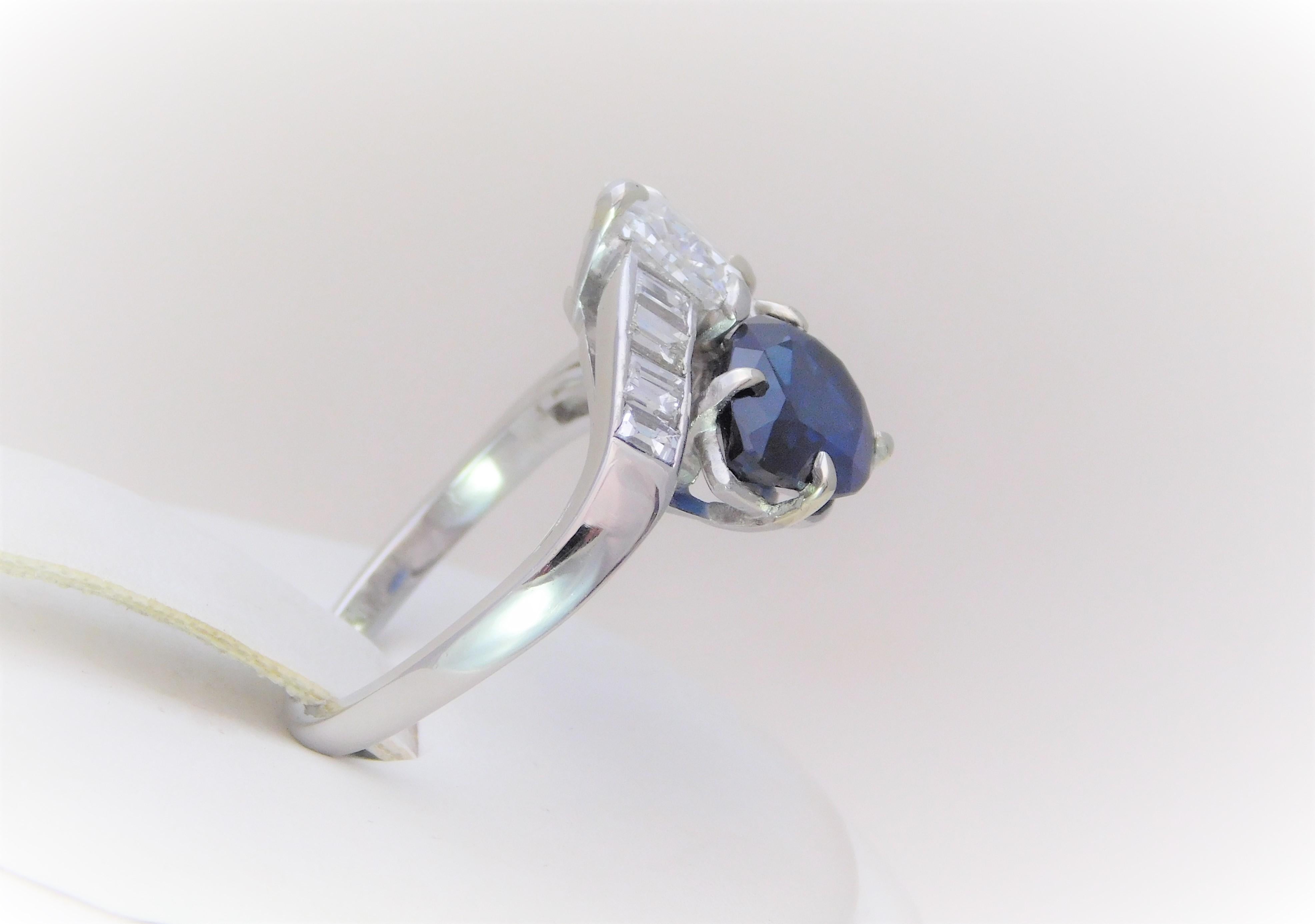 Pear Cut GIA Certified 5.28 Carat Corundum Sapphire and Antique Pear Diamond Bypass Ring For Sale