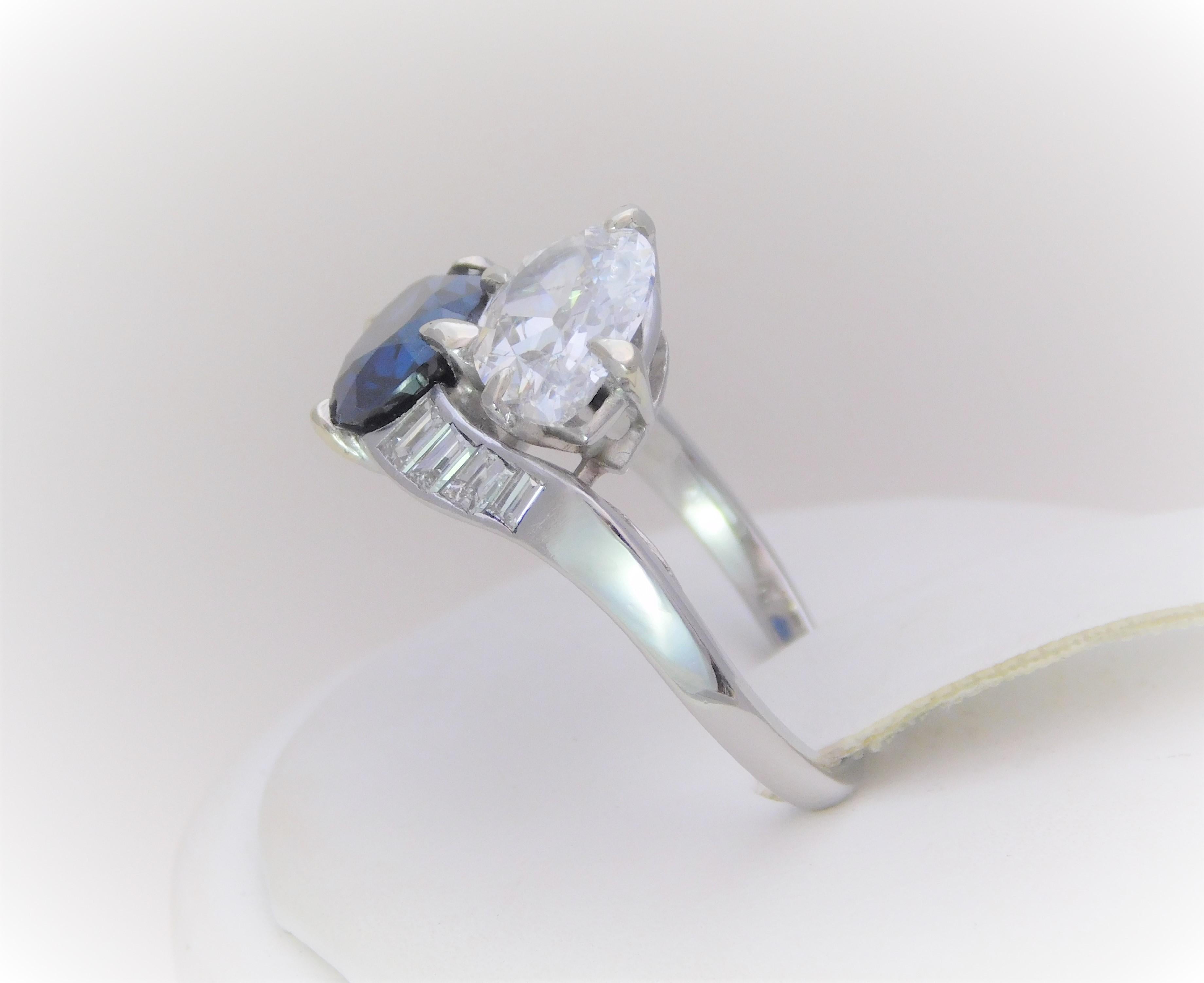 GIA Certified 5.28 Carat Corundum Sapphire and Antique Pear Diamond Bypass Ring In Excellent Condition For Sale In Metairie, LA