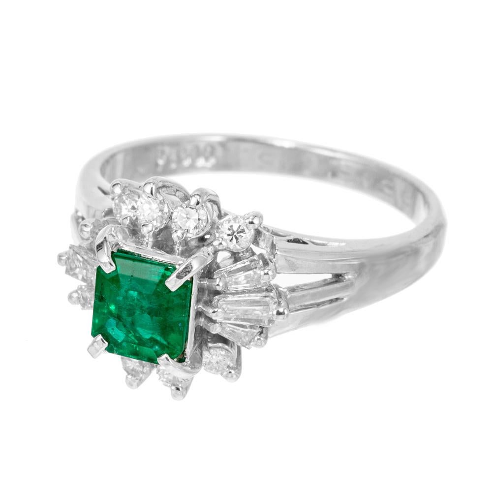 Emerald Cut GIA Certified .53 Carat Emerald Diamond Halo Princess Platinum Engagement Ring For Sale