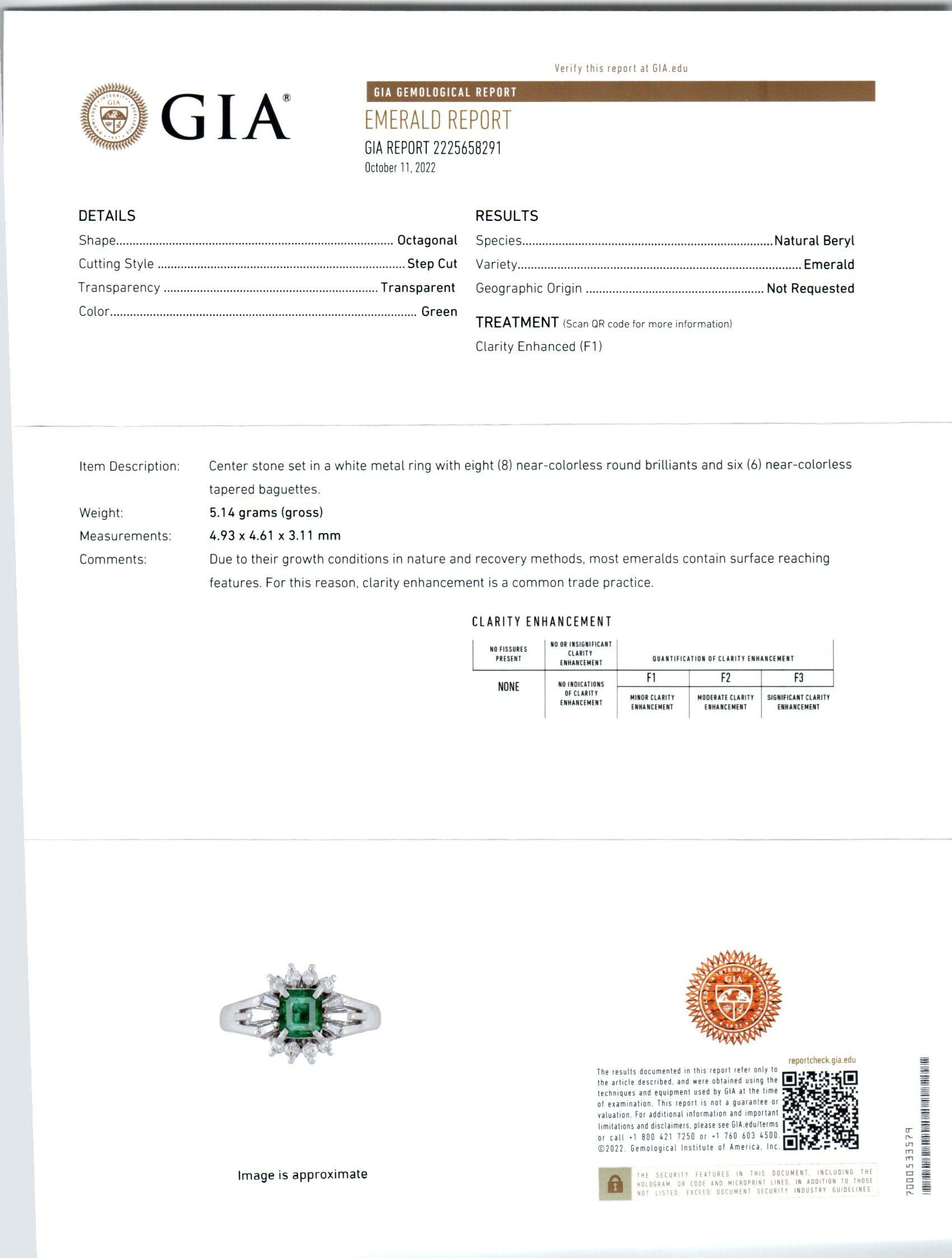 GIA Certified .53 Carat Emerald Diamond Halo Princess Platinum Engagement Ring In Good Condition For Sale In Stamford, CT