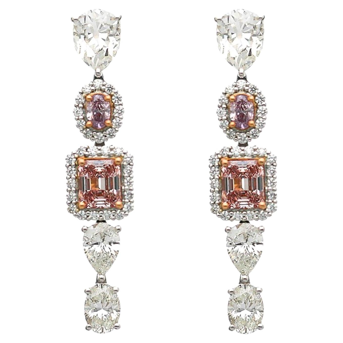 GIA Certified 5.3 Carat Fancy Pink Orange & White Diamond 18K Drop Earrings