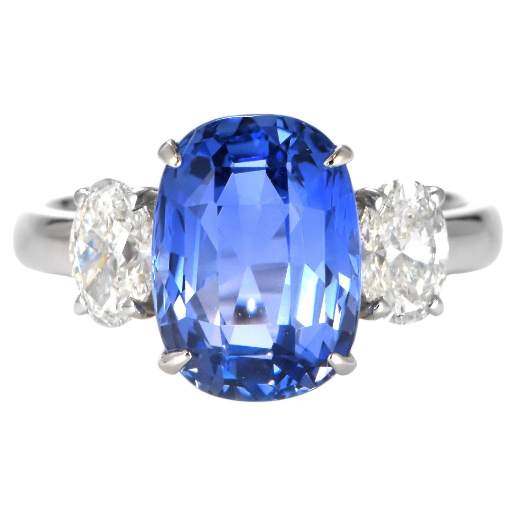 GIA Certified 5.30 Carat Natural No Heat Sapphire & Diamond Ring Set in Platinum