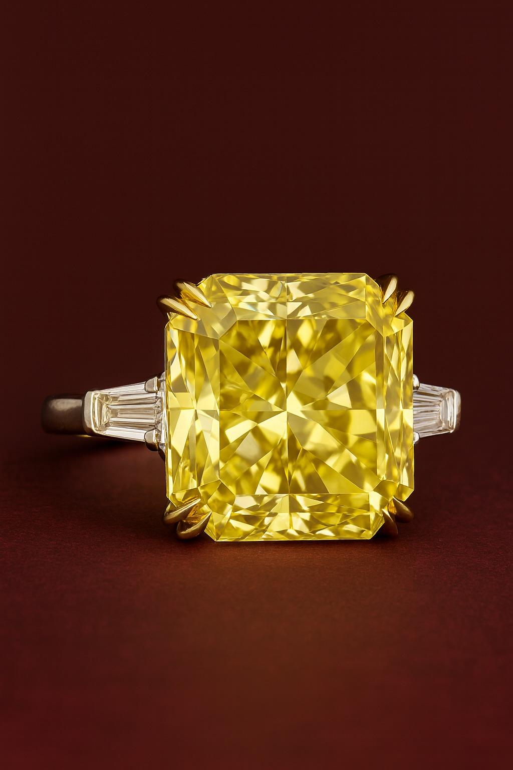 Bague en diamant certifié GIA de 5,32 carats jaune fantaisie VS2 avec baguettes effilées en platine

Cette création à couper le souffle est composée d'un diamant jaune certifié GIA de 5,32 carats, présentant une teinte riche et vibrante avec une