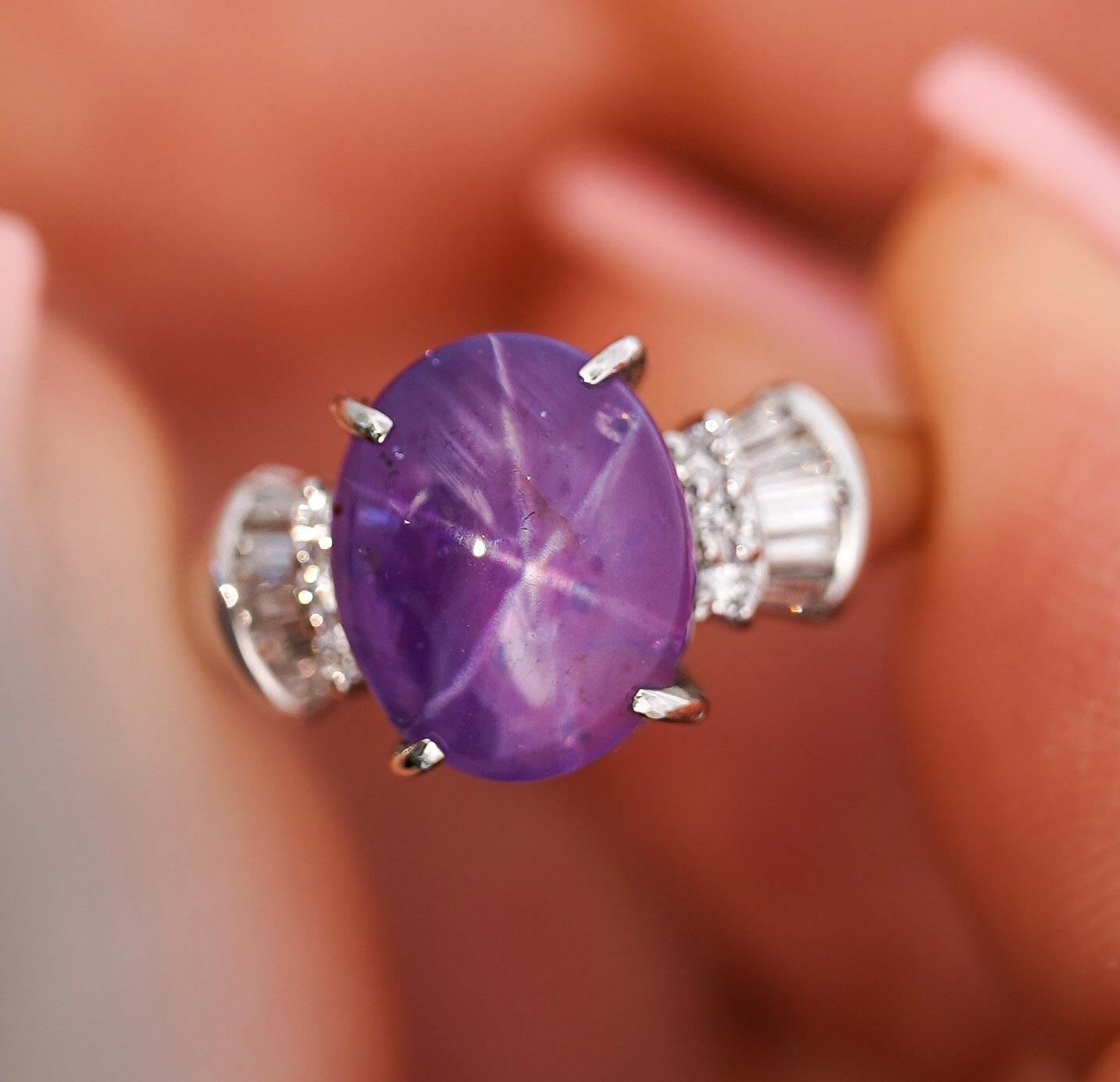 Bague en platine avec saphir étoilé violet de 5,32 carats certifié GIA Unisexe en vente