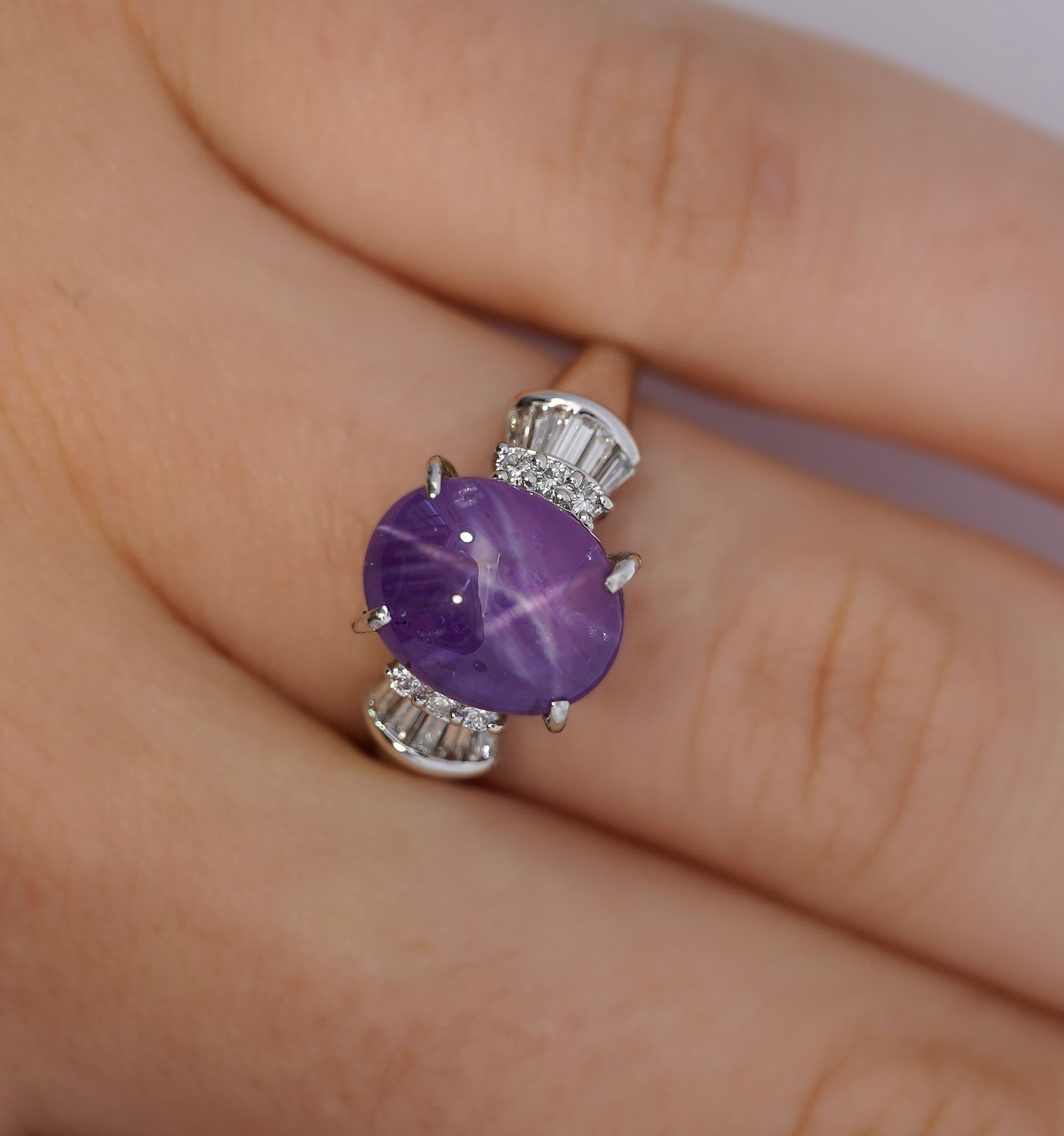 Bague en platine avec saphir étoilé violet de 5,32 carats certifié GIA en vente 1
