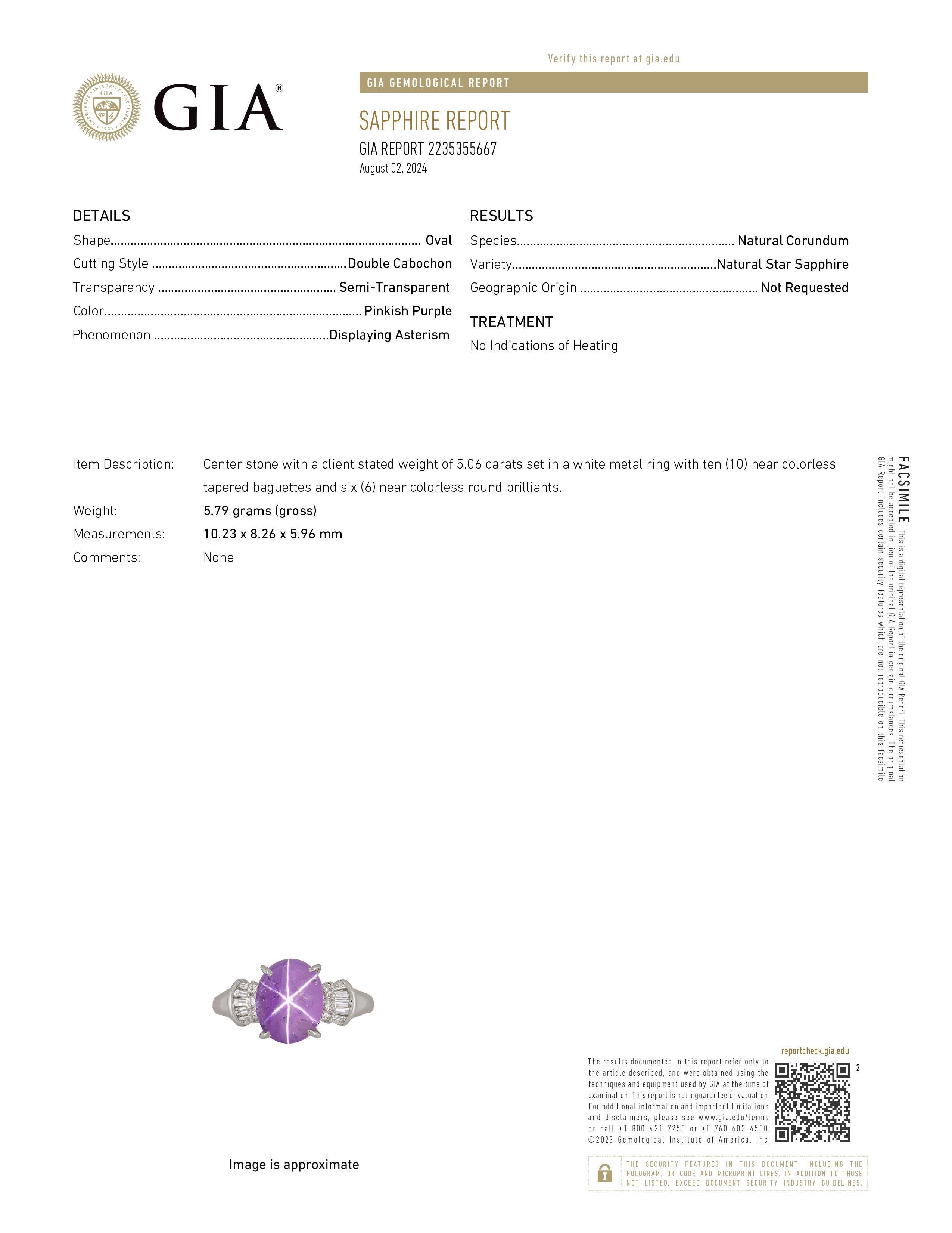 Bague en platine avec saphir étoilé violet de 5,32 carats certifié GIA en vente 3