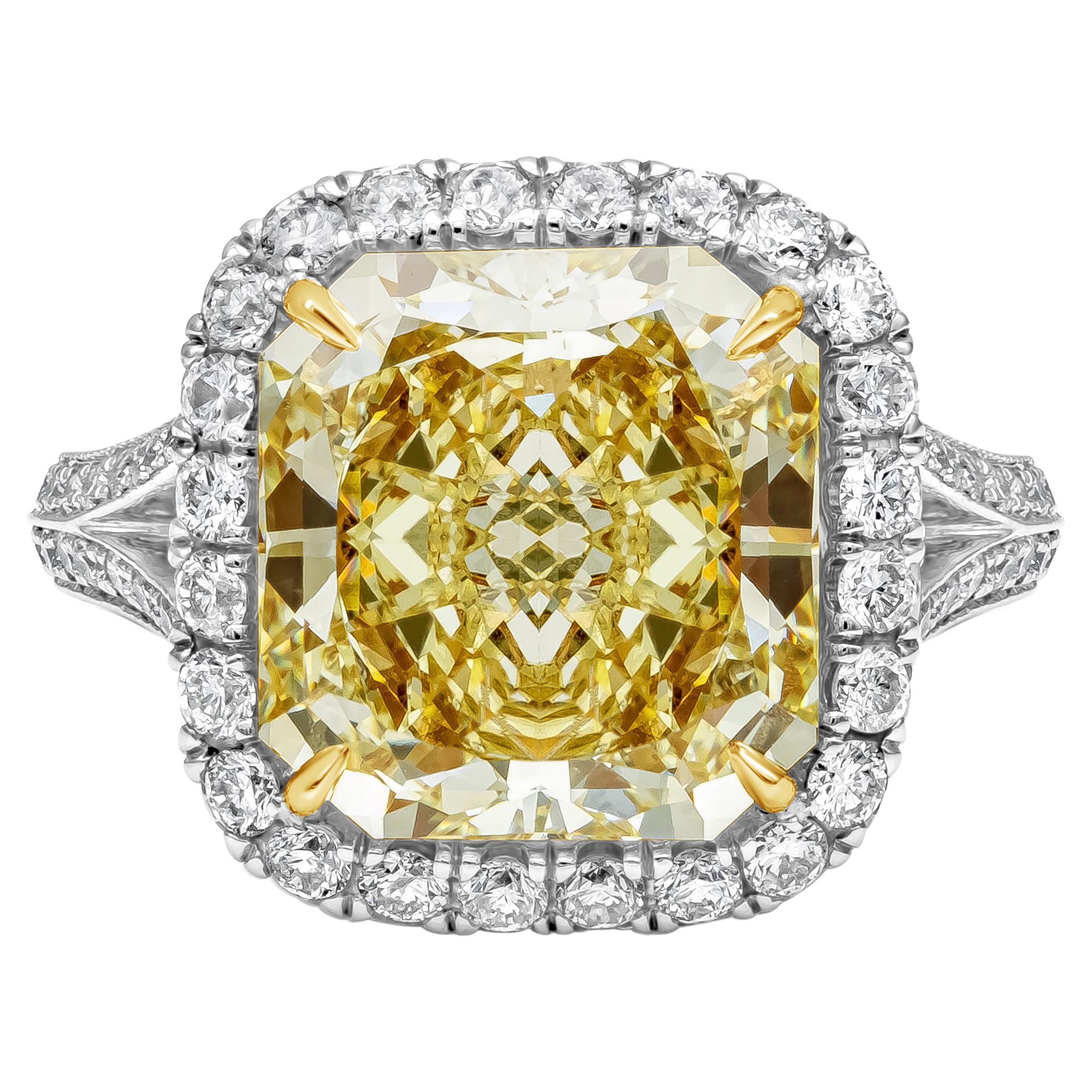 GIA Certified 5.32 Carat Radiant Cut Fancy Yellow Diamond Halo Engagement Ring