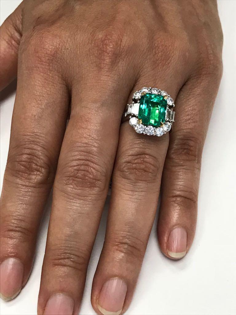 GIA Certified 5.33 Carat Columbian Emerald Diamond Two Color Gold Cocktail Ring 5