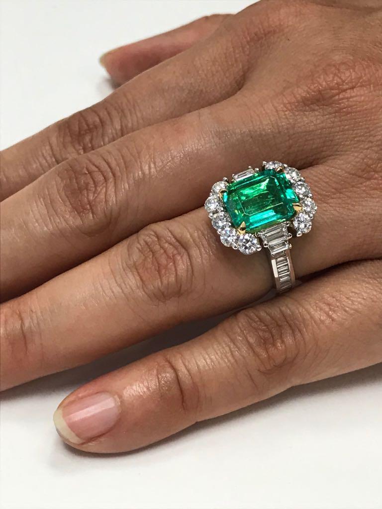 GIA Certified 5.33 Carat Columbian Emerald Diamond Two Color Gold Cocktail Ring 6