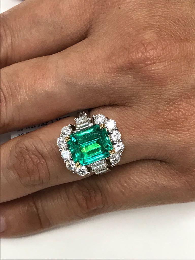 GIA Certified 5.33 Carat Columbian Emerald Diamond Two Color Gold Cocktail Ring 1