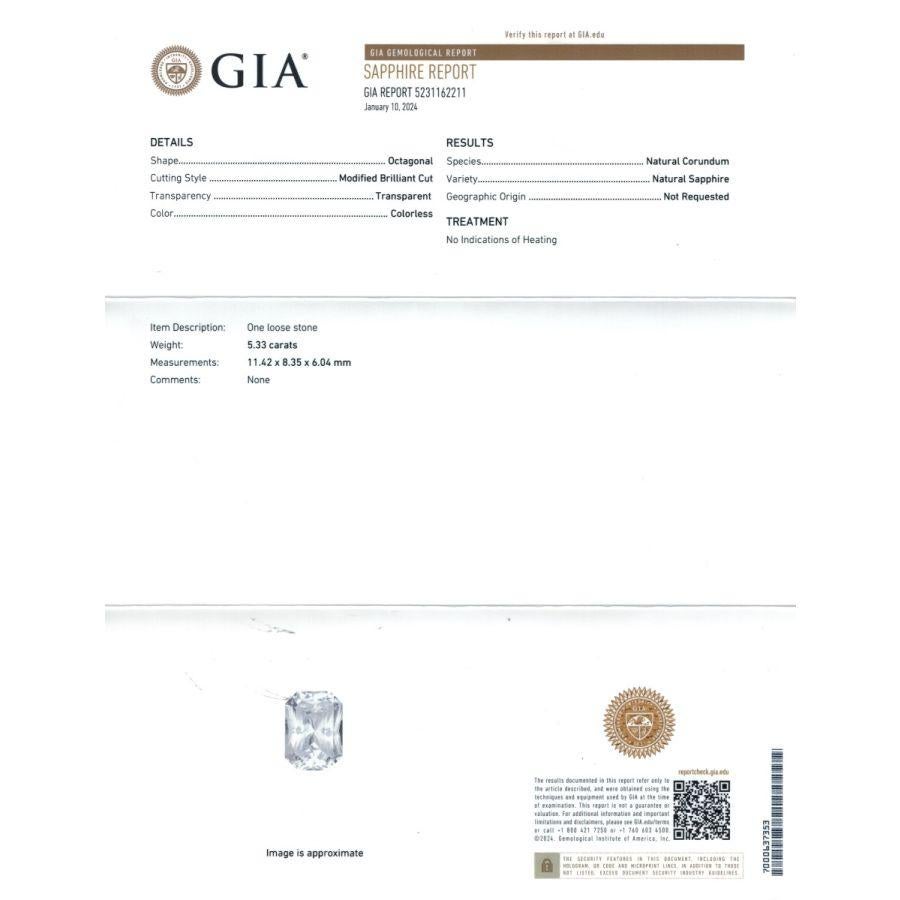 Introducing a captivating Natural Unheated White Sapphire, a genuine beauty at 5.33 carats, meticulously documented with the prestigious GIA Report. This octagonal marvel, measuring 11.42 x 8.35 x 6.04 mm, boasts a spellbinding colorlessness,